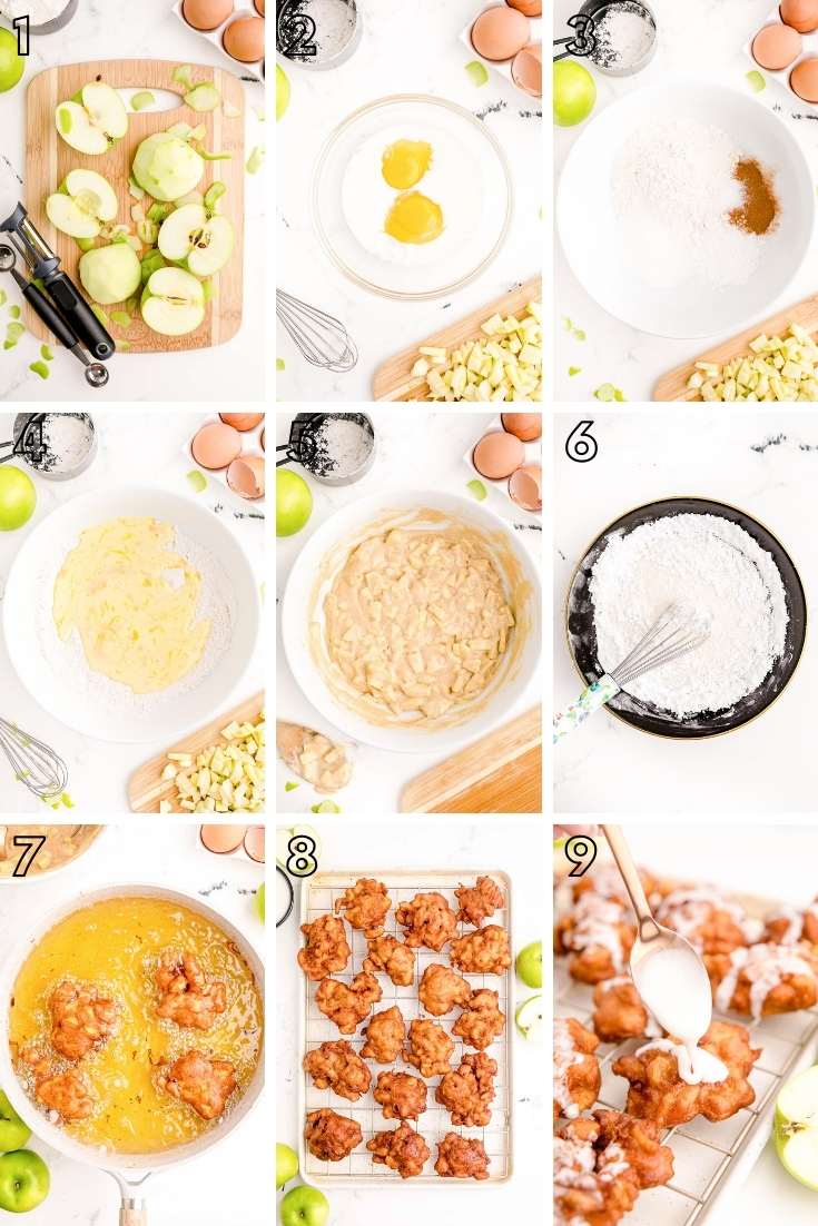 Step-by-step photo collage showing how to make apple fritters from scratch.