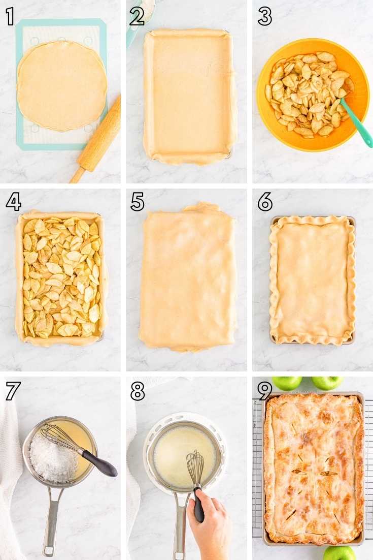 Step-by-step photo collage showing how to make apple slab pie.
