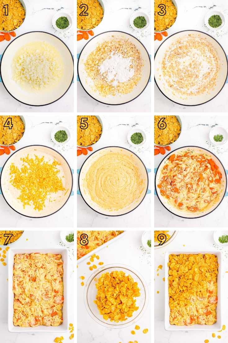 Step-by-step photo collage showing how to make carrot casserole.