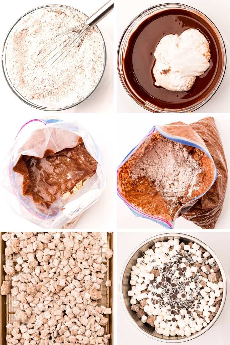 Step-by-step photo collage showing how to make hot chocolate muddy buddies.