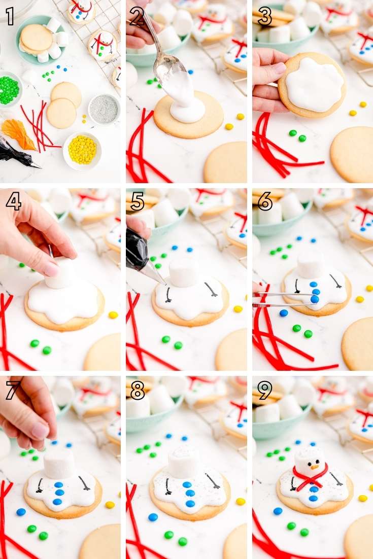 Step-by-step photo collage showing how to assemble melted snowman cookies.