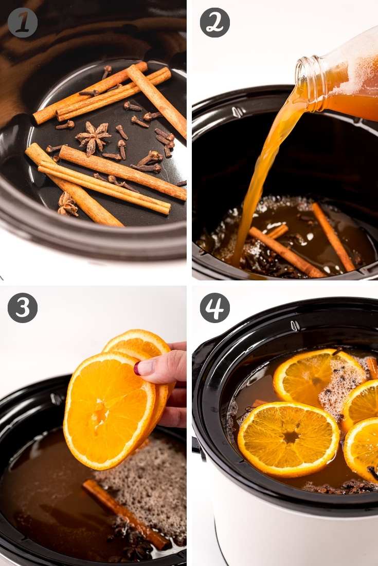 Step-by-step photo collage showing how to make mulled apple cider in a slow cooker.