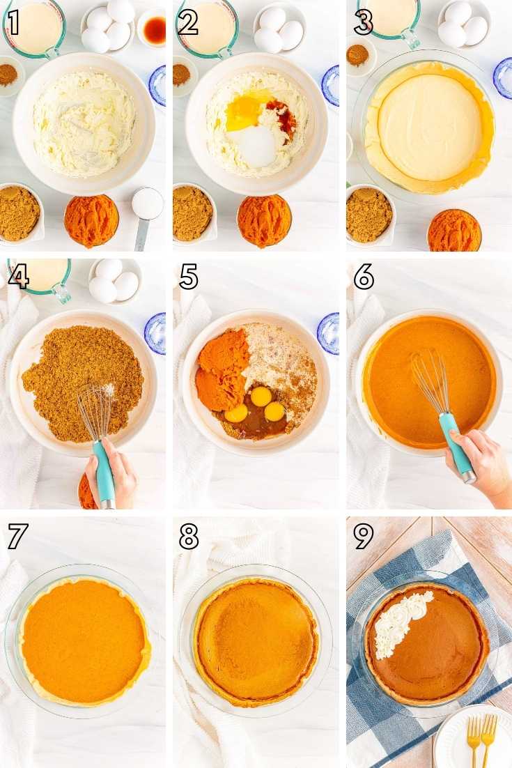 Step by step photo collage showing how to make pumpkin cheesecake pie.