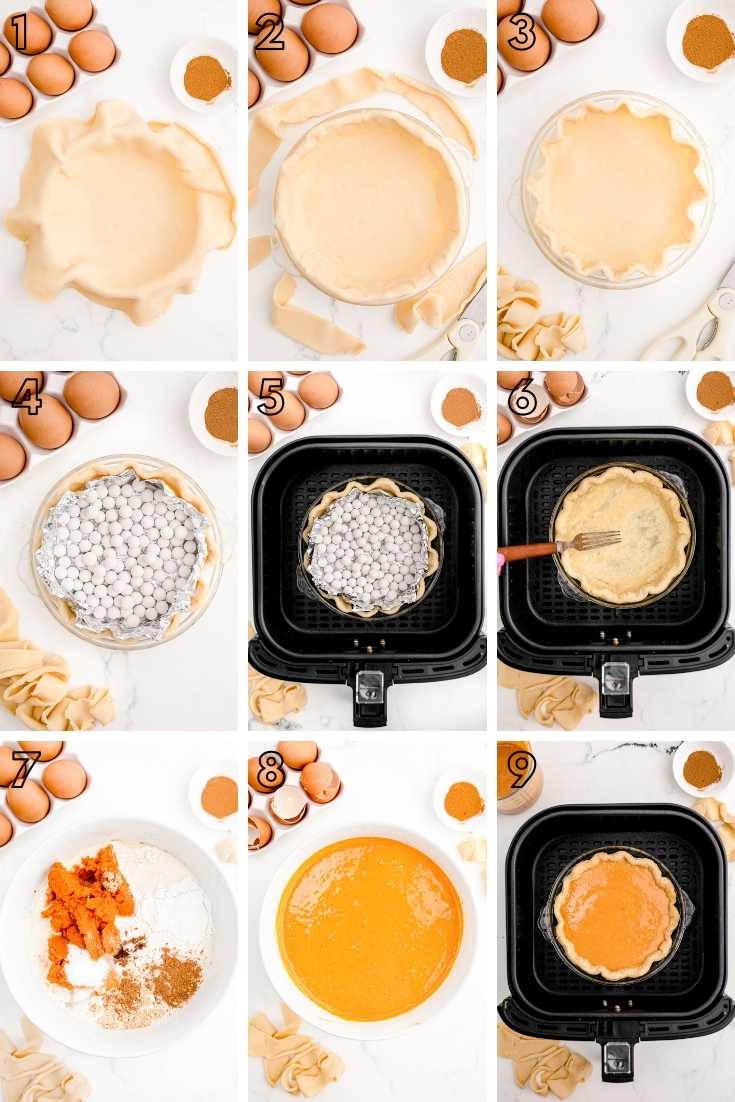 step by step photo collage showing how to make pumpkin pie in an air fryer.