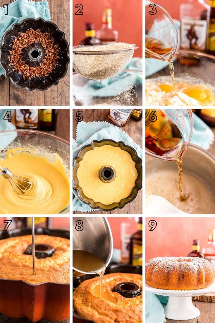 step-by-step photo collage showing how to make rum cake in a bundt pan.