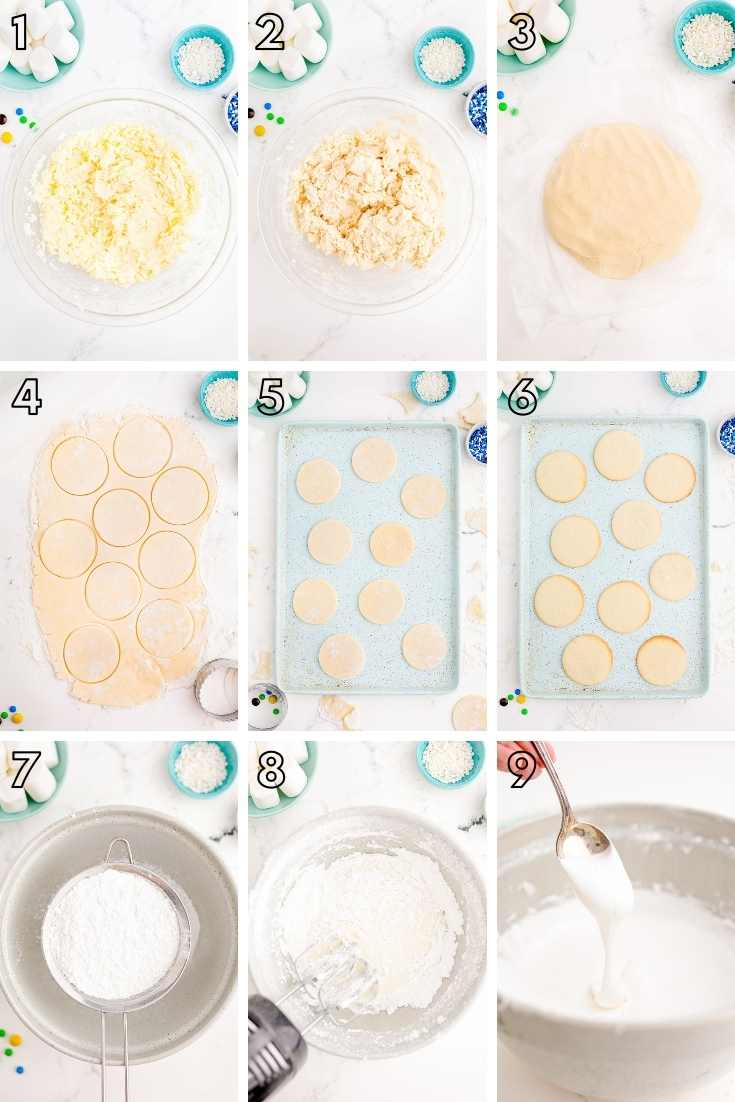 Step-by-step photo collage showing how to make cookies for snowman cookies.