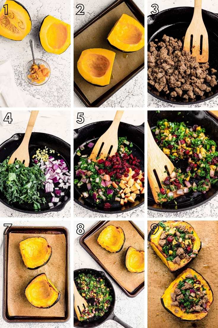 Step-by-step photo collage showing how to make stuffed acorn squash.