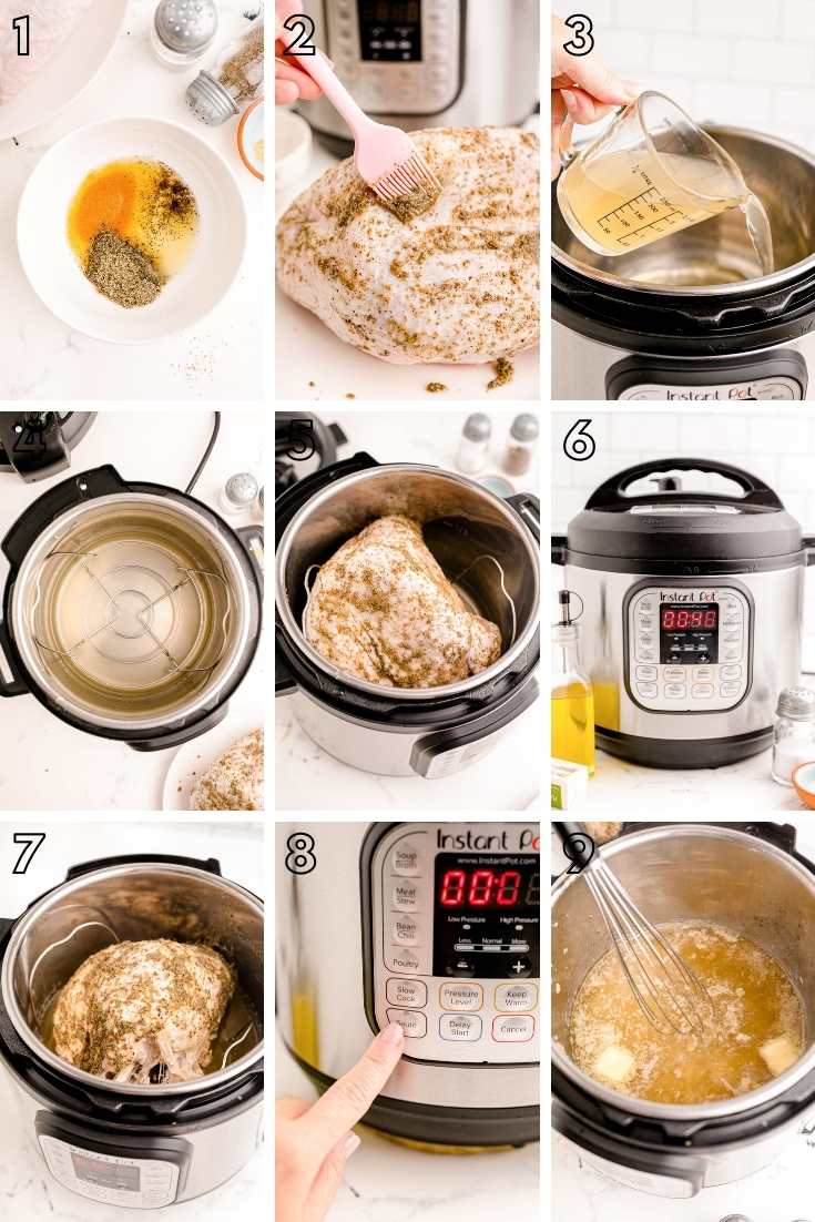 Step-by-step photo collage showing how to make turkey breast in the instant pot.