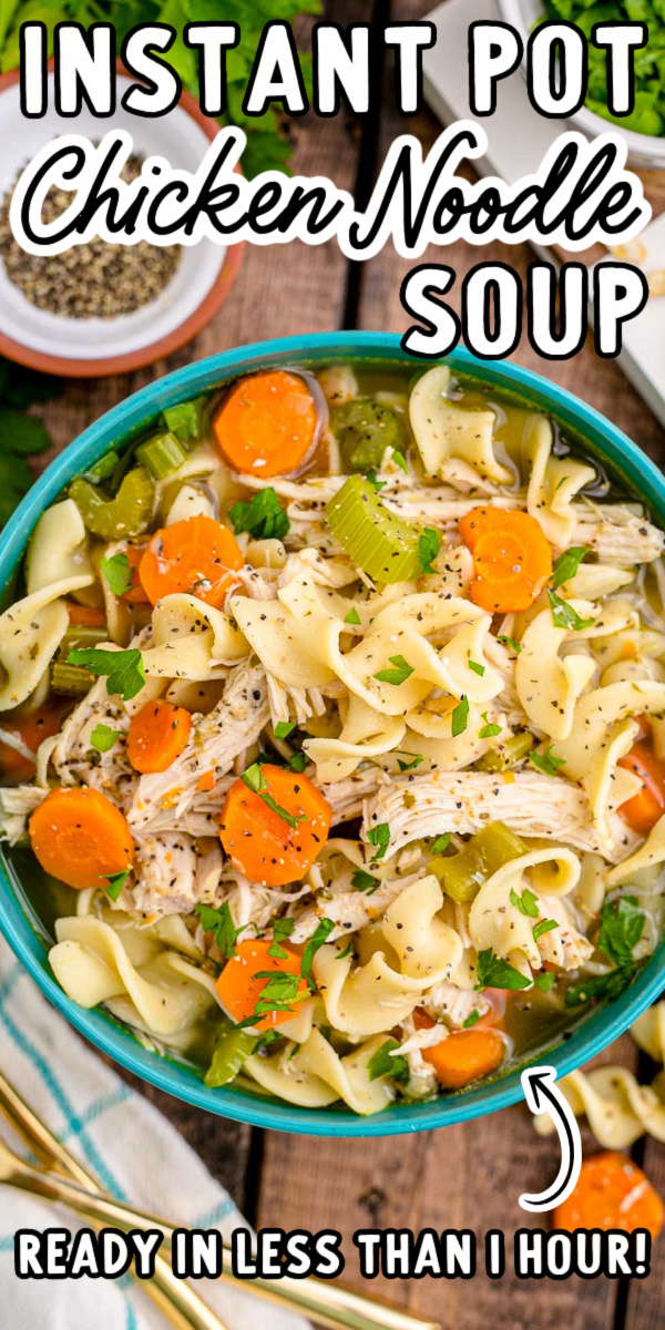 This Instant Pot Chicken Noodle Soup is overflowing with shredded chicken, tender egg noodles, carrots, and celery for a cozy, hearty meal! Prep this recipe in just 10 minutes! via @sugarandsoulco