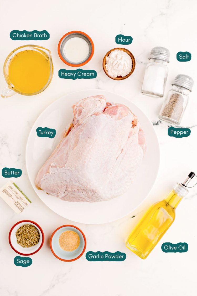 Overhead photo of ingredients to make instant pot turkey breast prepared on a marbled counter top.