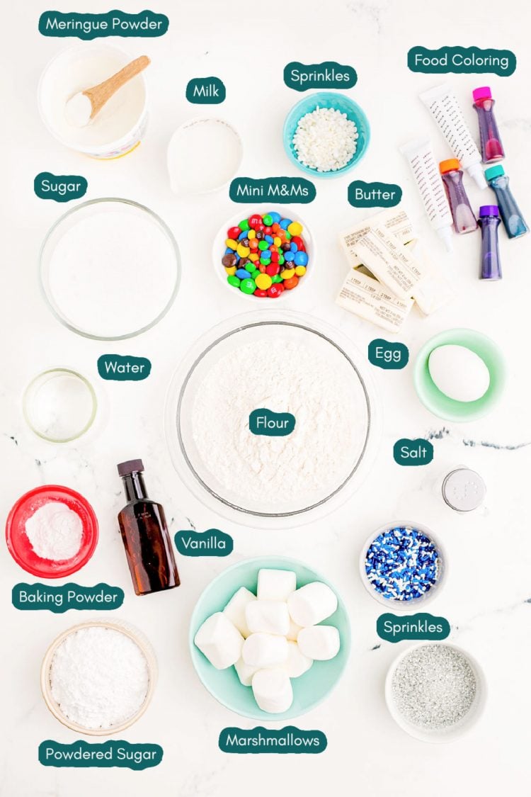 overhead photo of ingredients prepped to make melted snowman cookies on a marble surface.