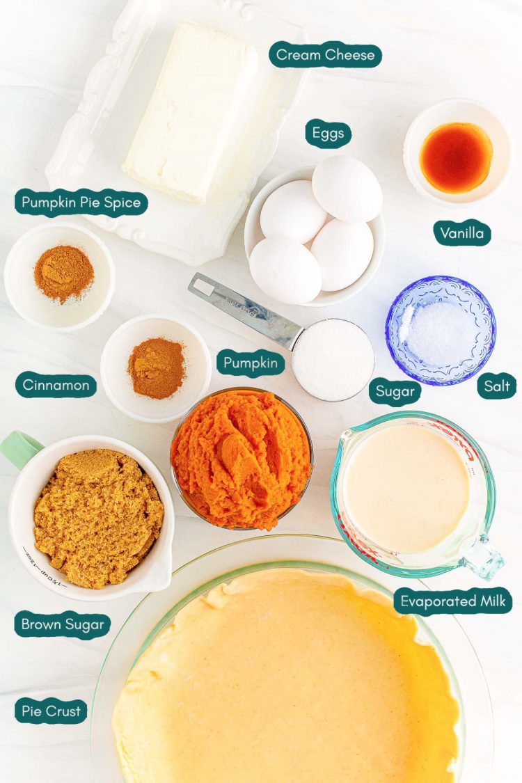 Ingredients to make pumpkin cheesecake pie prepared on a marble counter.