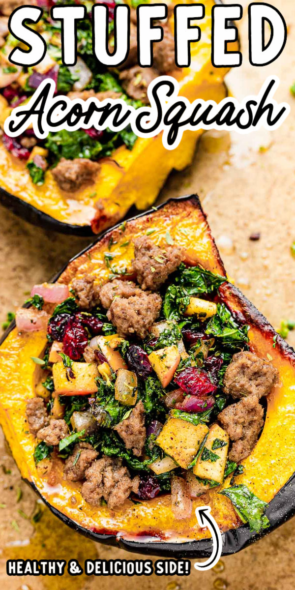 Stuffed Acorn Squash is packed with flavor using ground turkey sausage, chopped apples, kale, and dried cranberries for a healthy side dish! Only 15 minutes of hands-on prep time is needed! via @sugarandsoulco