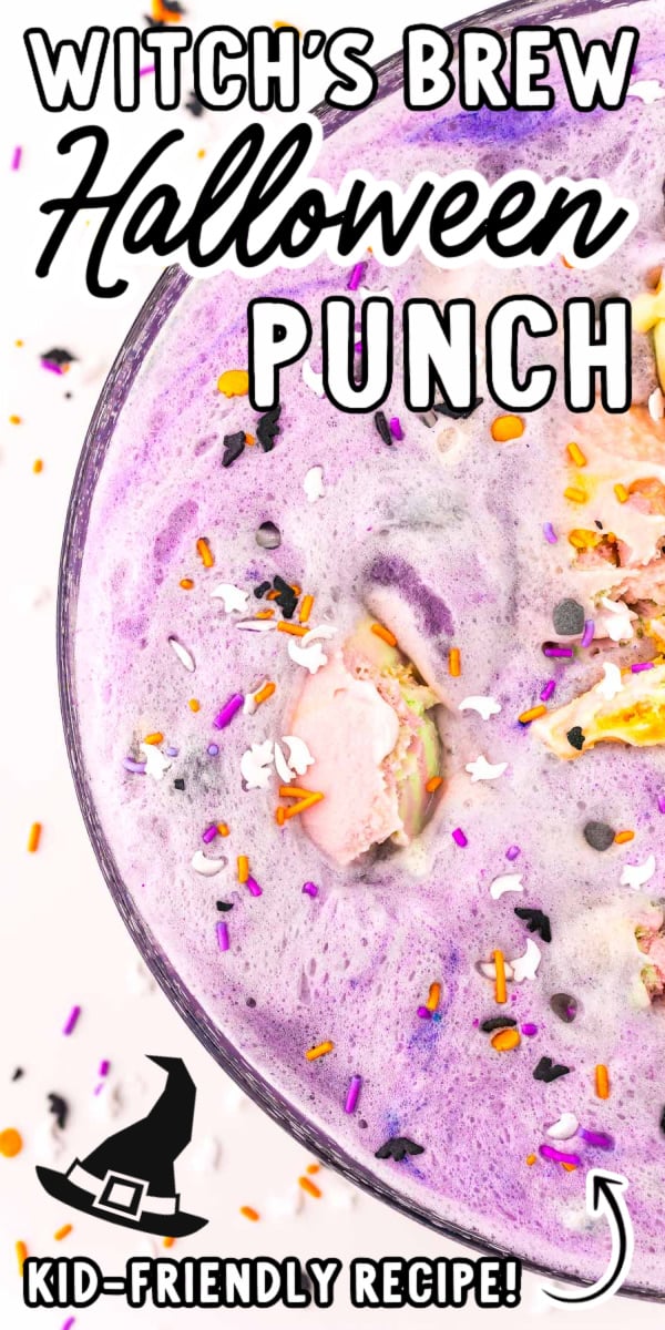 Witches Brew Punch is a 3-ingredient sweet drink that gets covered in rainbow sherbet for a large batch punch both kids and adults will love! Ready in only 5 minutes! via @sugarandsoulco