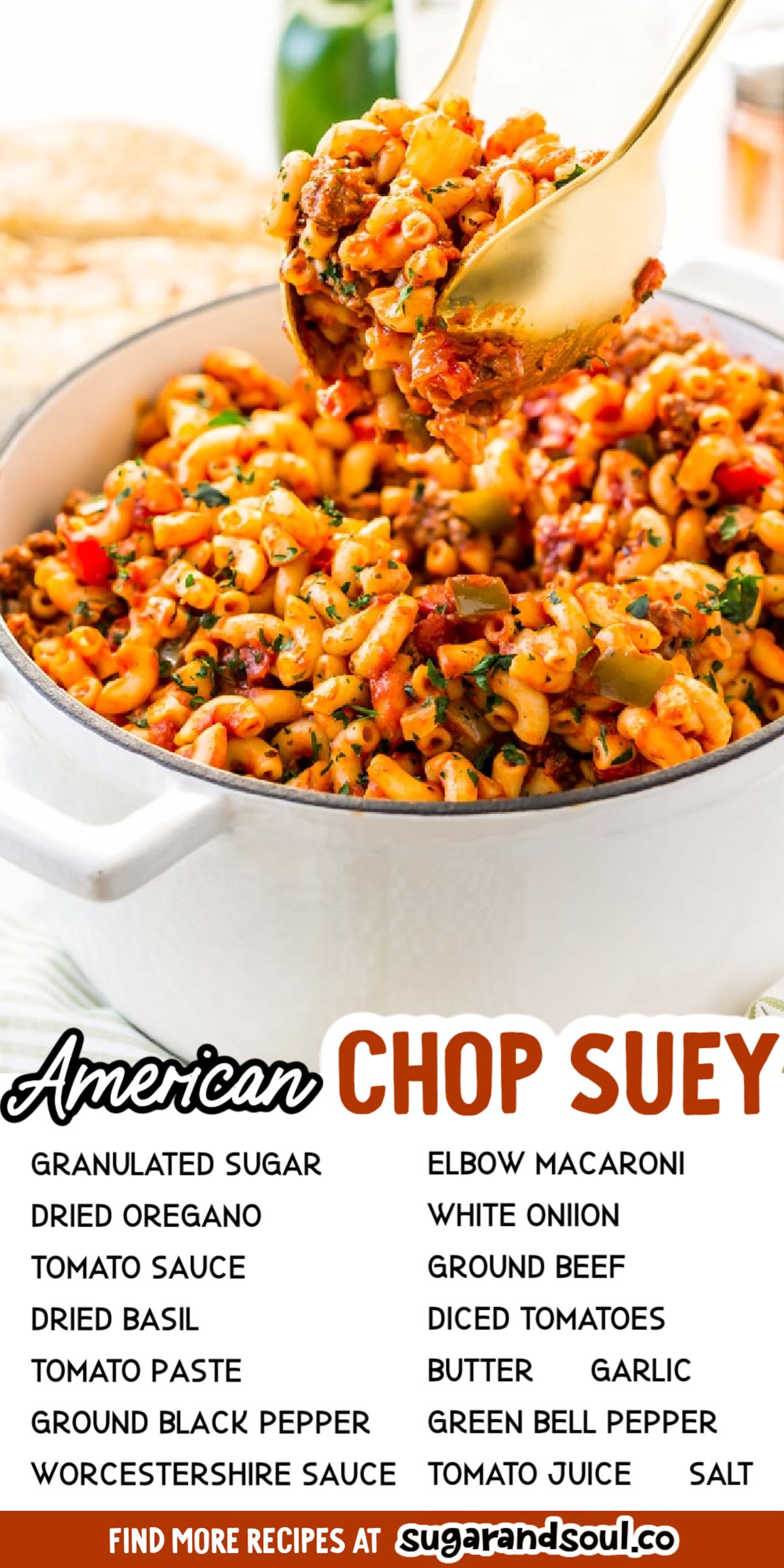 American Chop Suey is a delicious and easy dinner recipe made with ground beef, tomato, onion, green pepper, macaroni, and spices.  via @sugarandsoulco