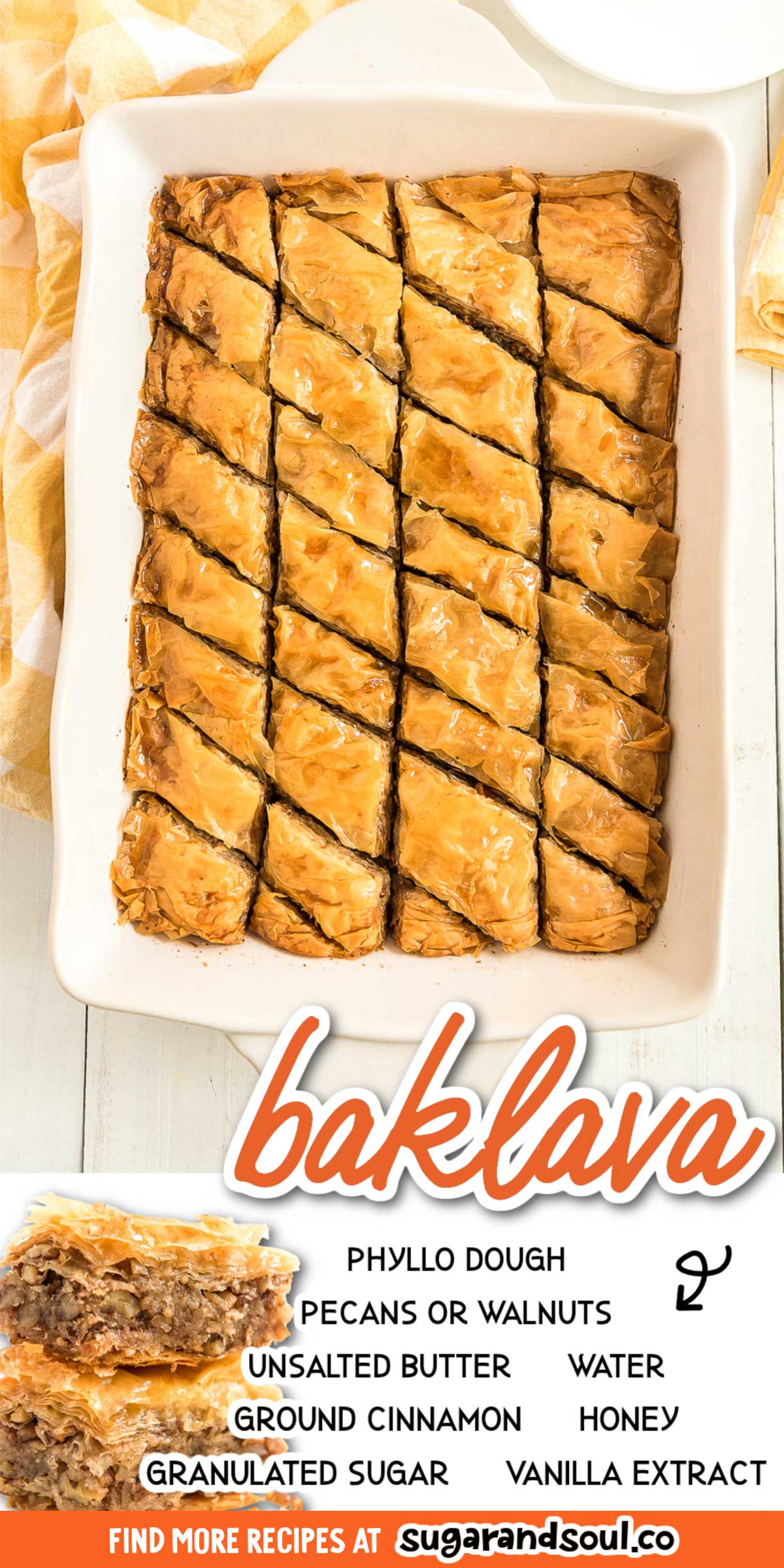 This easy and classic Baklava recipe is loaded with layers of cinnamon, nuts, and butter and saturated in a simple honey syrup! Everyone will love this sweet and sticky dessert! via @sugarandsoulco