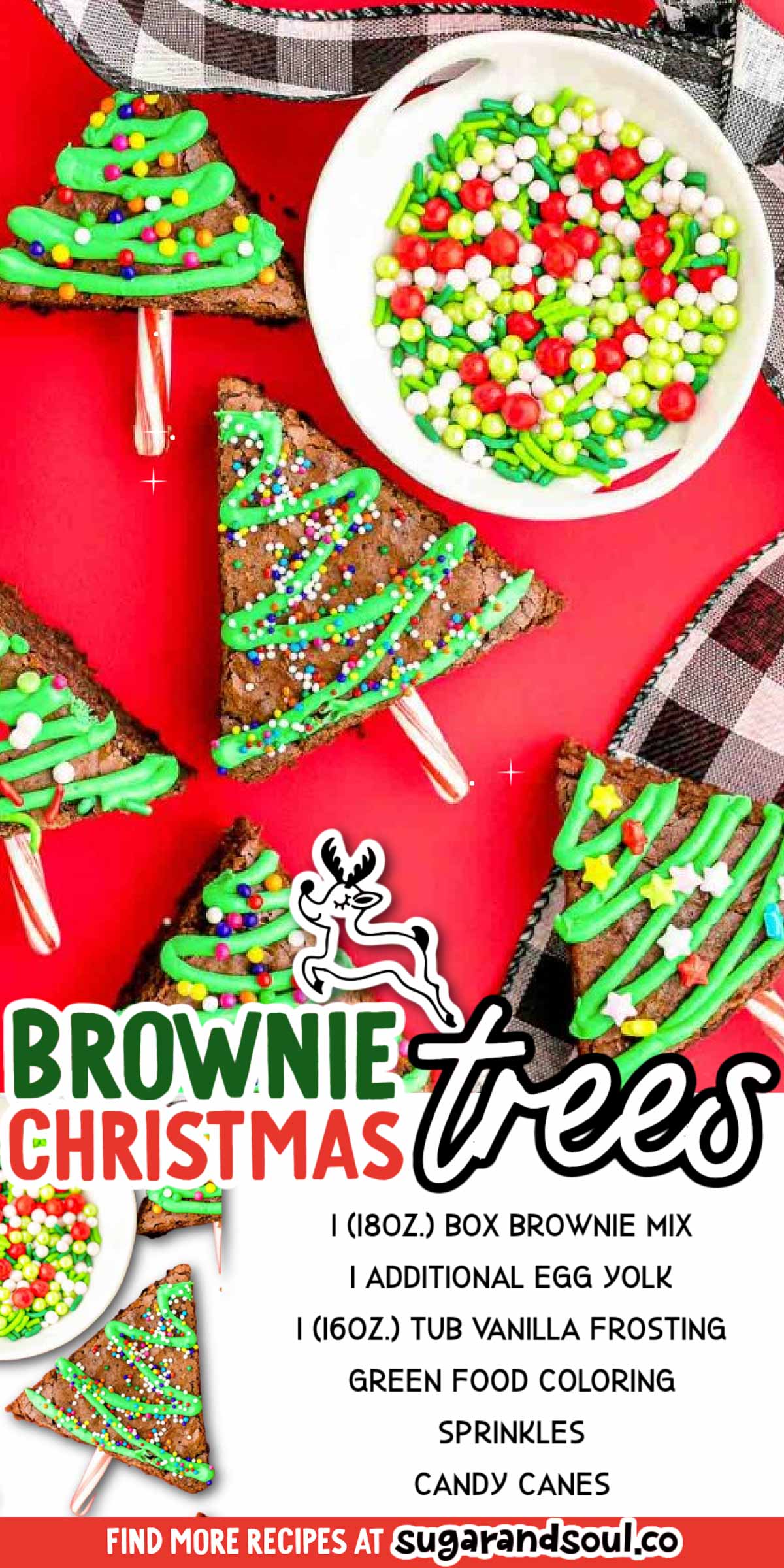 Brownie Christmas Trees are an easy holiday treat to whip up using a boxed brownie mix, a premade jar of frosting, sprinkles, and candy canes! Prep this dessert in just 20 minutes! via @sugarandsoulco