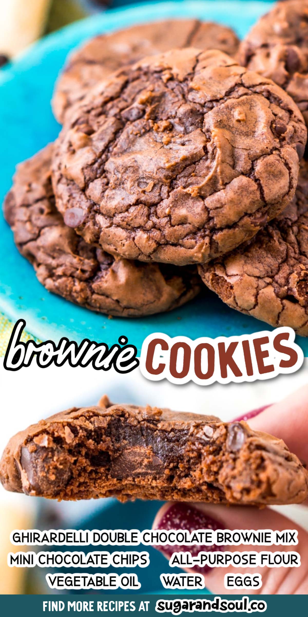 These Brownie Cookies are made from an adapted brownie box mix and are loaded with chocolate chips! They have a crisp outer edge and chewy fudge center just like a classic brownie! via @sugarandsoulco