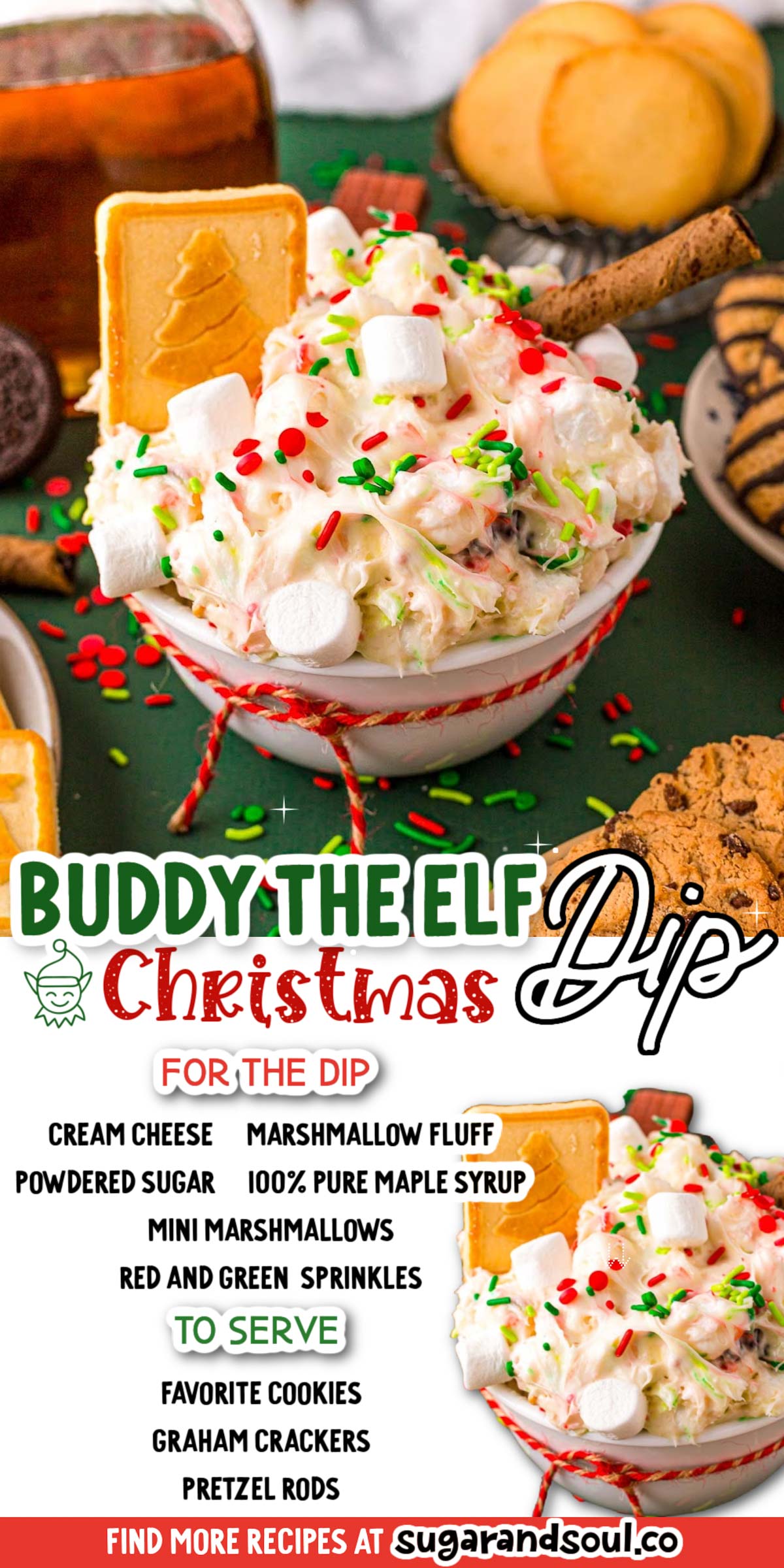 This Buddy The Elf Christmas Dip is an easy 5 ingredient dessert dip that's made with cream cheese, fluff, powdered sugar, maple syrup, mini marshmallows, and holiday sprinkles! In only 20 minutes you'll be eating just like everyone's favorite elf!  via @sugarandsoulco