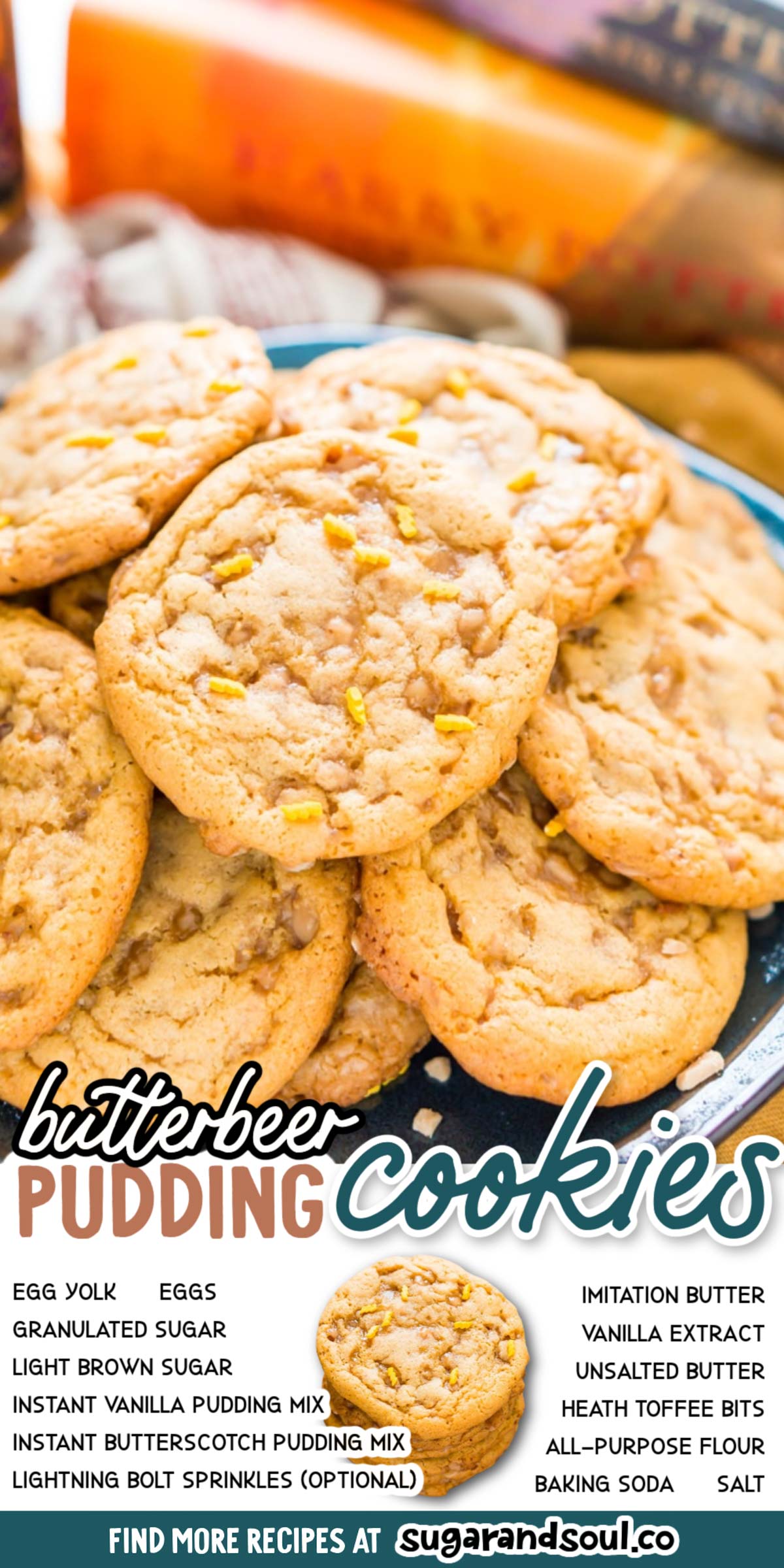 These Harry Potter inspired Butterbeer Pudding Cookies are a sweet old-fashioned blend of vanilla and butterscotch loaded up with toffee bits. Baked to perfection with a soft chewy center and lightly crisp edges, they won't last long! via @sugarandsoulco