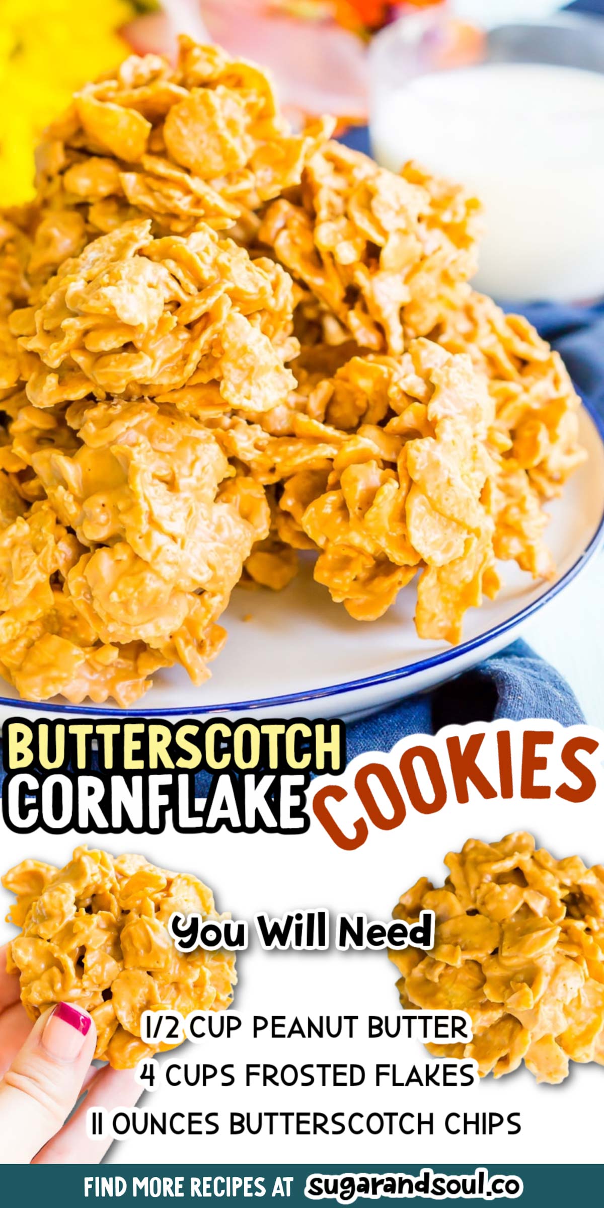 These Butterscotch Cornflake Cookies are made with just three ingredients: peanut butter, butterscotch, and frosted flakes. They're no-bake too which makes them the perfect easy dessert! via @sugarandsoulco