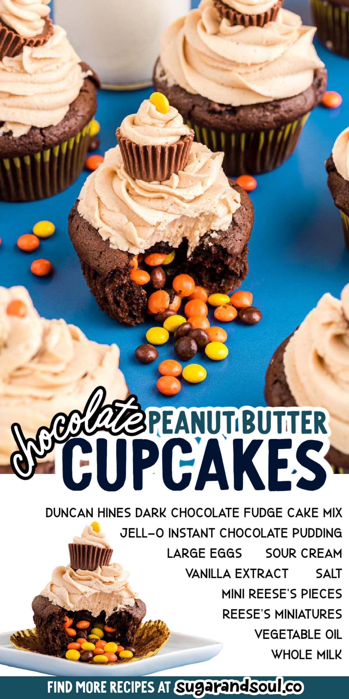 Chocolate Peanut Butter Cupcakes (With Surprise Filling) packs the center of rich and moist chocolate cupcakes with mini Reese's Pieces! This exciting treat is then finished off with the best homemade peanut butter frosting! via @sugarandsoulco