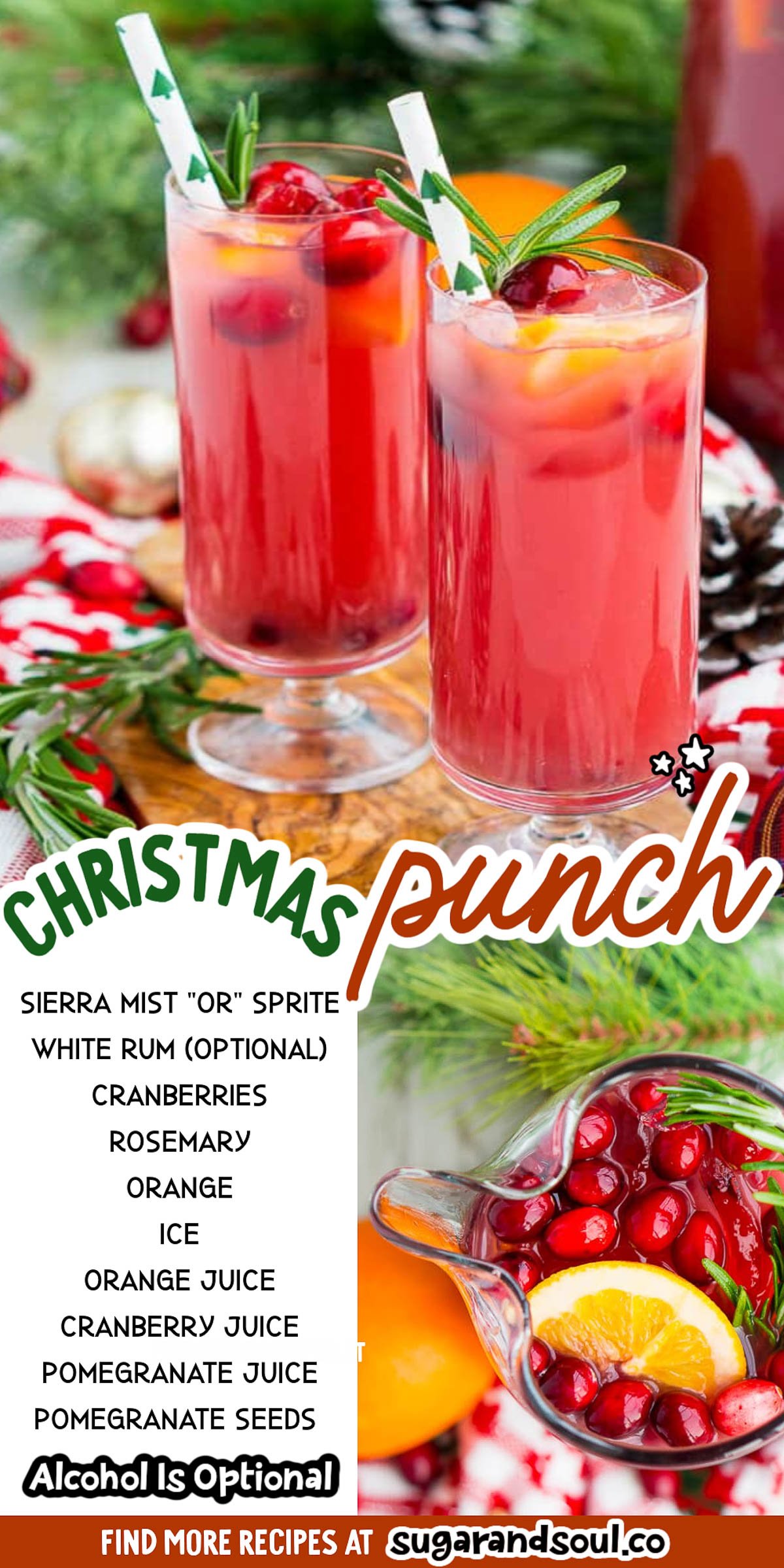 Christmas Punch is an easy and delicious holiday party drink packed with fruits like cranberries, oranges, and pomegranates. Keep it non-alcoholic, or add rum or vodka for extra holiday spirit! via @sugarandsoulco