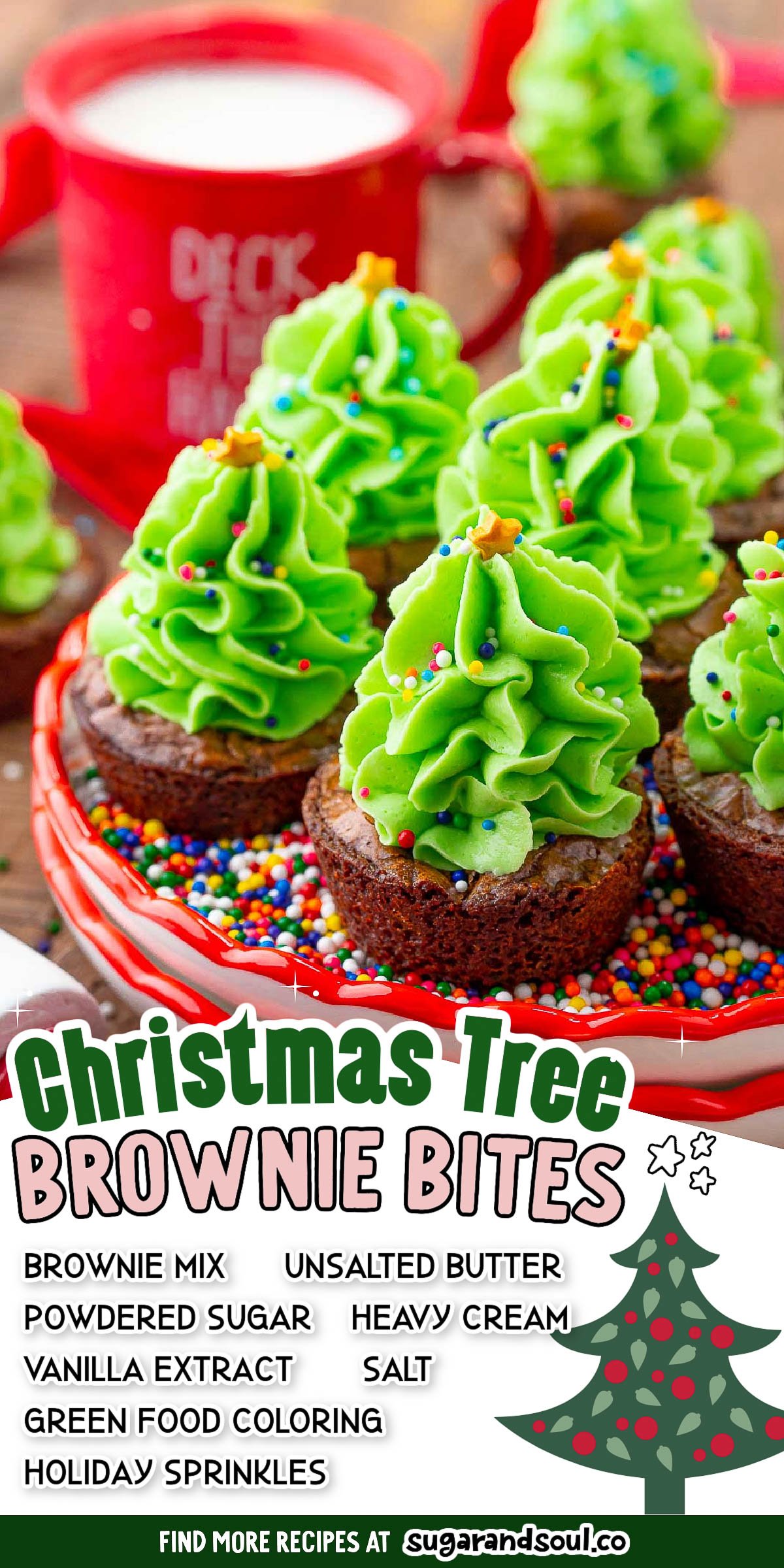 These Christmas Tree Brownie Bites combine homemade buttercream frosting with a boxed brownie mix to create a deliciously festive treat! An easy-to-make dessert that kids will love! via @sugarandsoulco