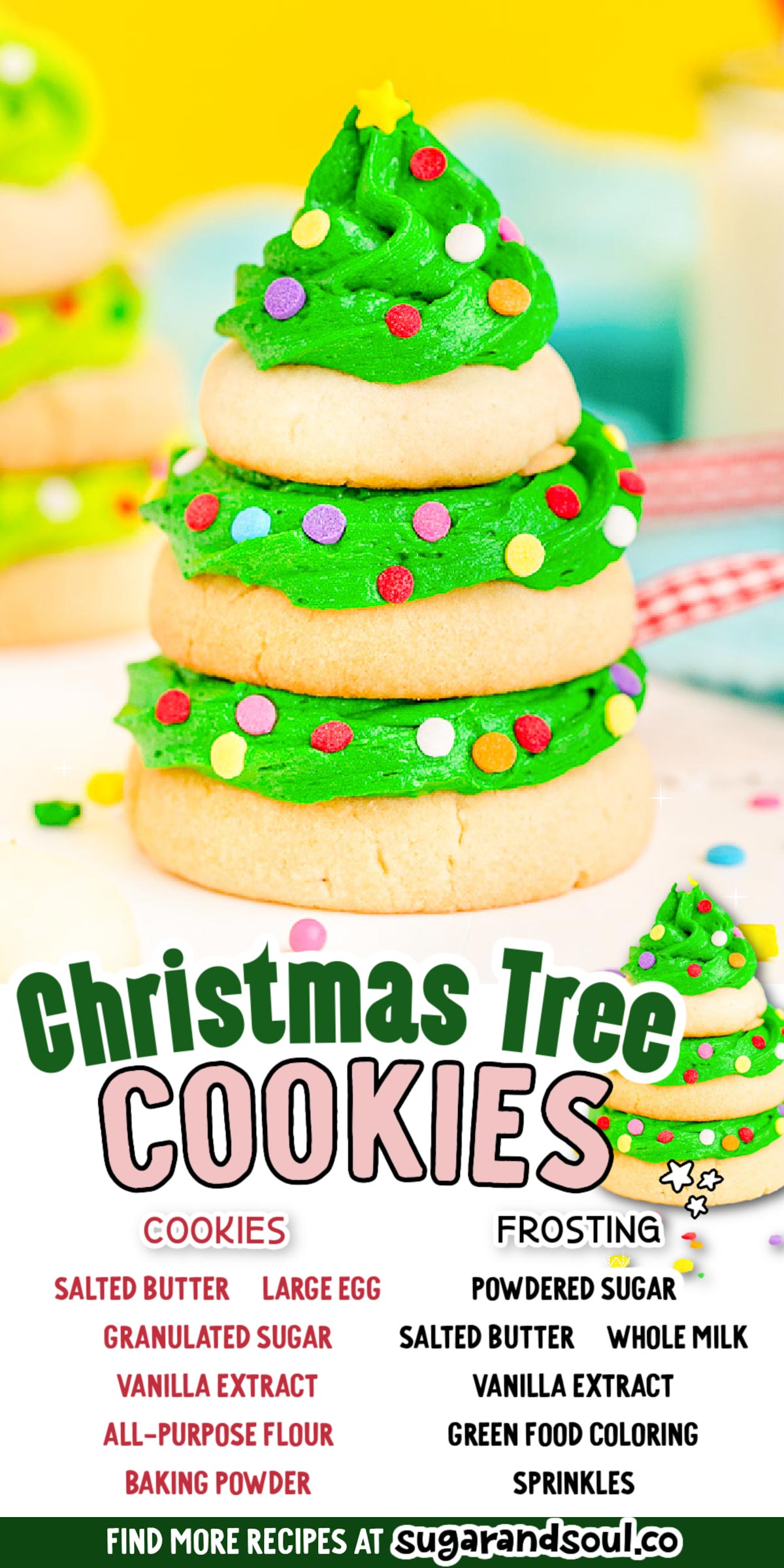 These Christmas Tree Cookies have 3 tiers of homemade sugar cookies that are layered with green frosting and then finished off with sprinkles! Made with pantry staple ingredients! via @sugarandsoulco