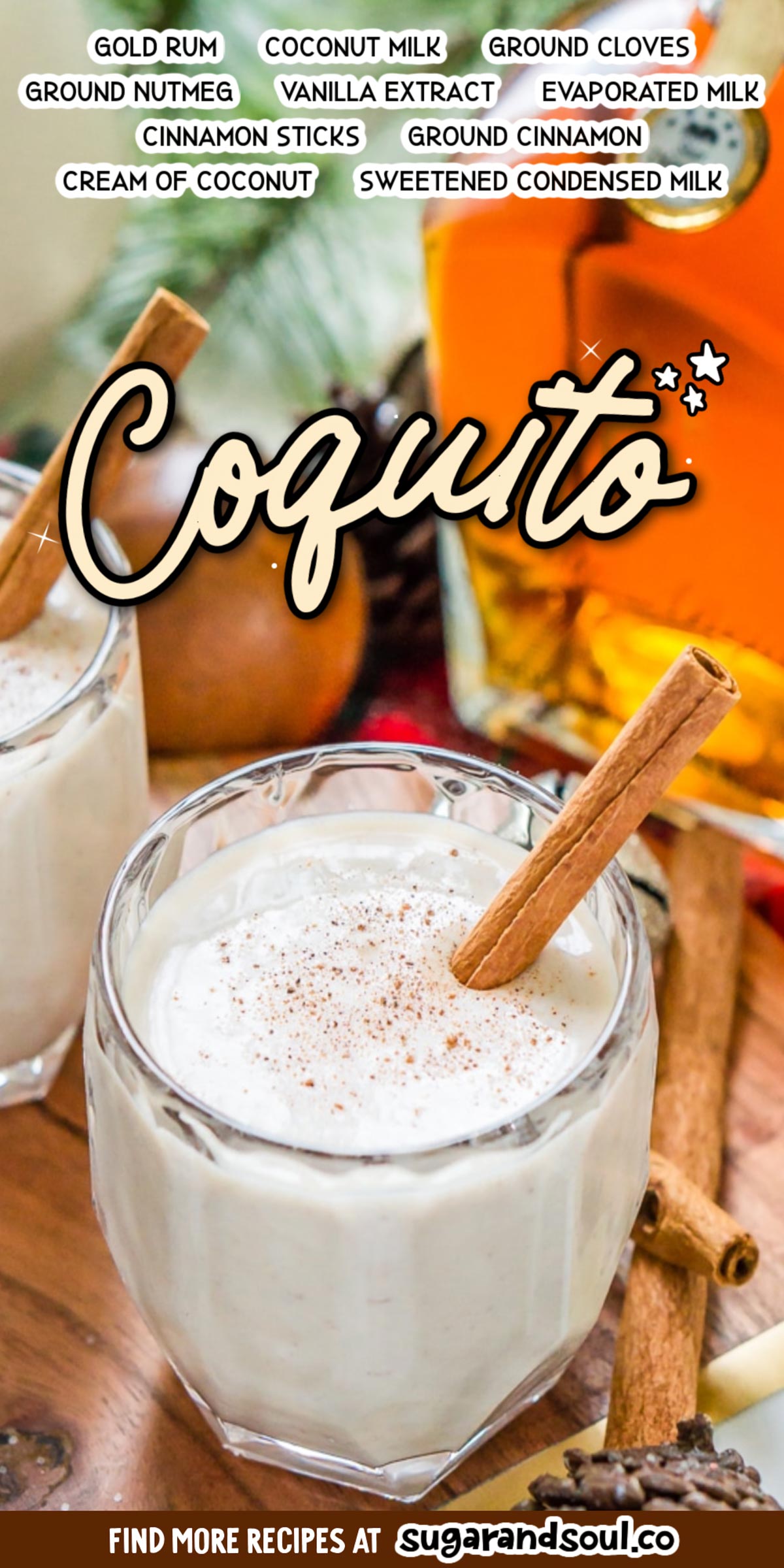 This Coquito Recipe is a thick and creamy coconut-based Puerto Rican cocktail similar to an eggnog and a deliciously thick holiday drink loaded with spices and rum! via @sugarandsoulco