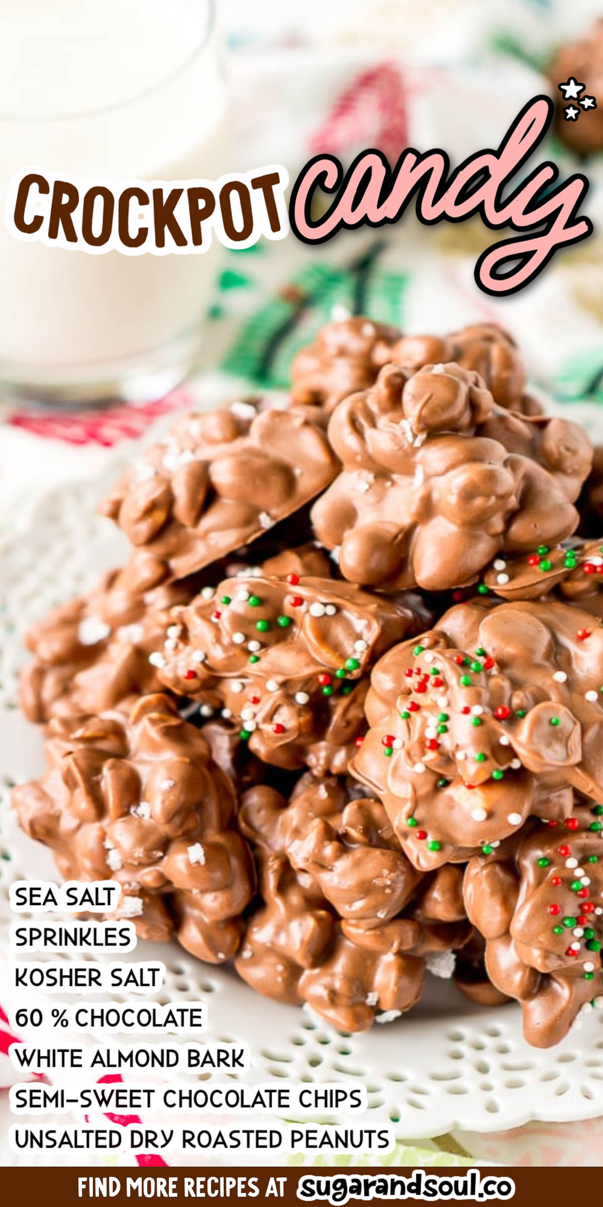 Crockpot Candy is an easy recipe loaded with peanuts, almond bark, and lots of chocolate and super simple to make in the slow cooker! Topped with some festive sprinkles, this pop-in-your-mouth treat is perfect for sharing at holiday parties.  via @sugarandsoulco