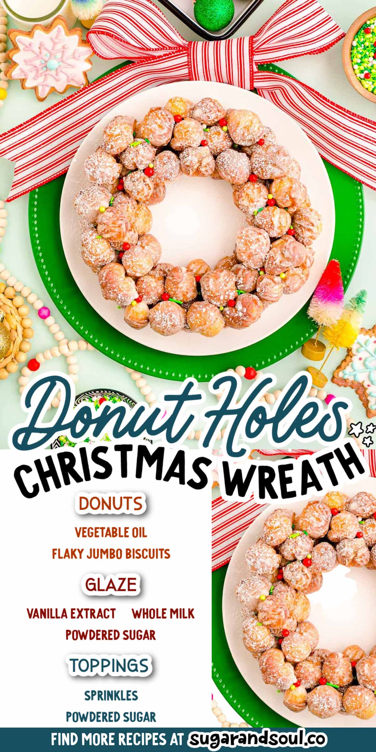 Donut Hole Christmas Wreath turns canned biscuits into delicious donuts that get a sweet glaze before being assembled into a festive wreath! 30 minutes is all it takes to serve up this fun Christmas morning treat! via @sugarandsoulco