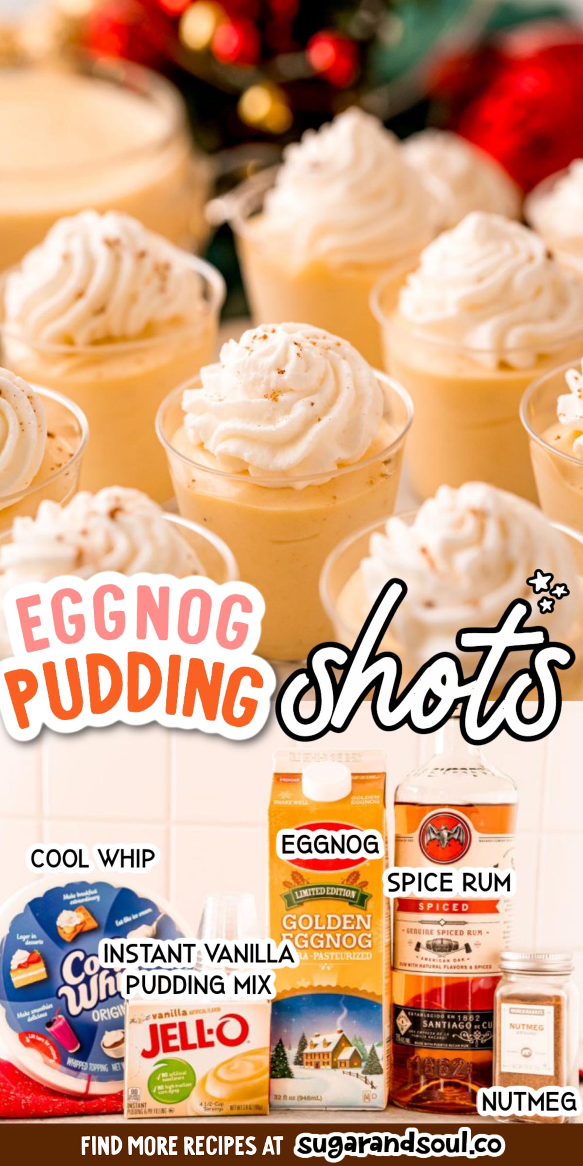 Eggnog Pudding Shots are a deliciously creamy, boozy treat that has minimal ingredients but all the flavor. They are quick to whip up and even quicker to disappear, these are the perfect holiday treat for your gatherings! via @sugarandsoulco
