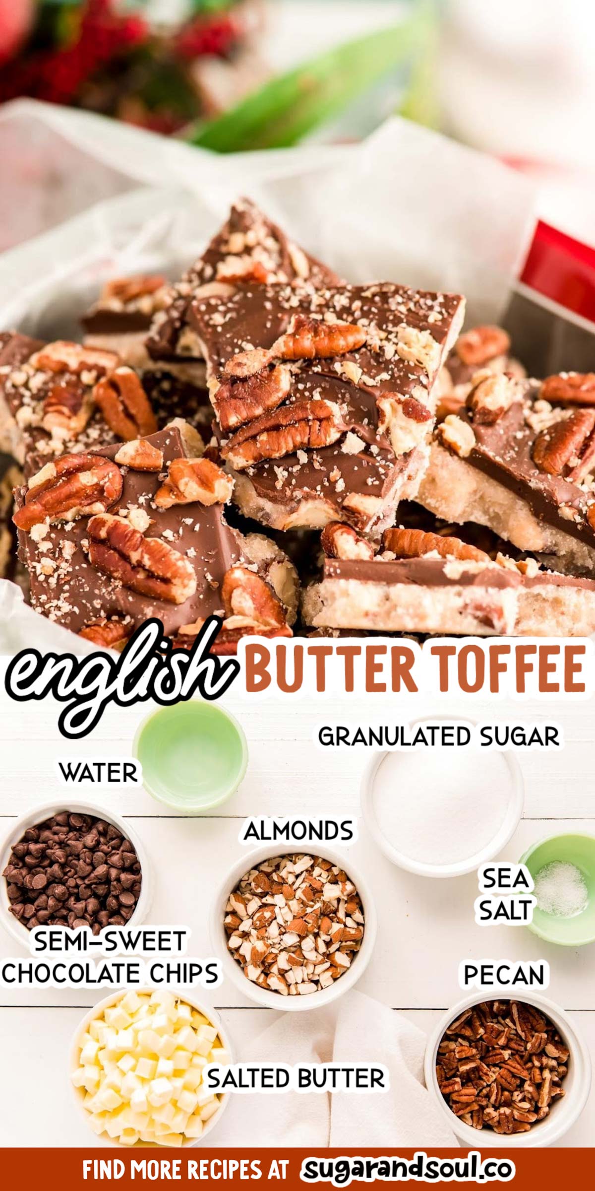 This Homemade English Butter Toffee is crunchy, buttery, and chocolaty and loaded with almonds and pecans for a rich and decadent candy recipe that's perfect for sharing! via @sugarandsoulco