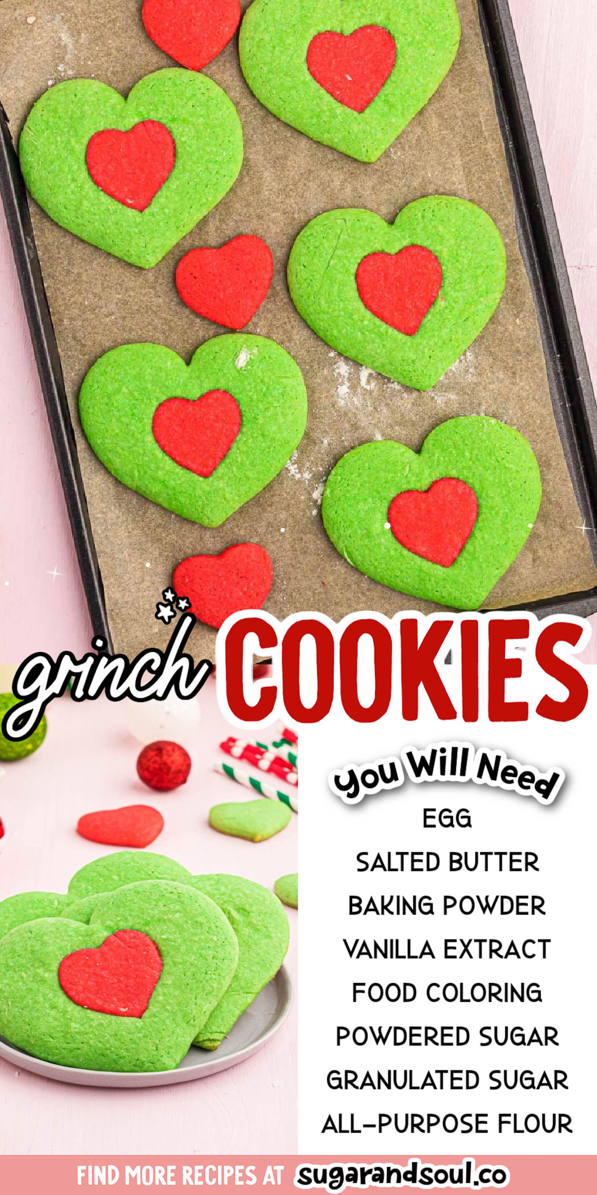 These Heart-Shaped Grinch Cookies were inspired by the most recent adaptation of How The Grinch Stole Christmas! Made with a basic sugar cookie dough and colored red and green to create the cutest cookies of the season! via @sugarandsoulco