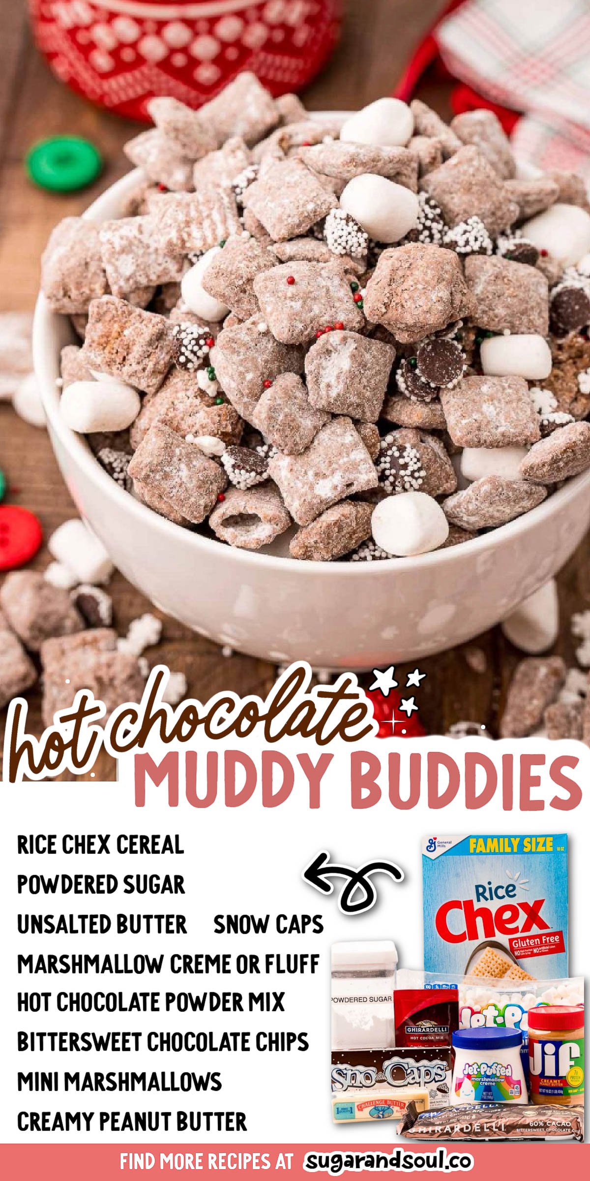 These Hot Chocolate Muddy Buddies are made with marshmallow cream and hot cocoa mix before being tossed with mini marshmallows and snowcaps! Prep this festive treat in only 15 minutes! via @sugarandsoulco