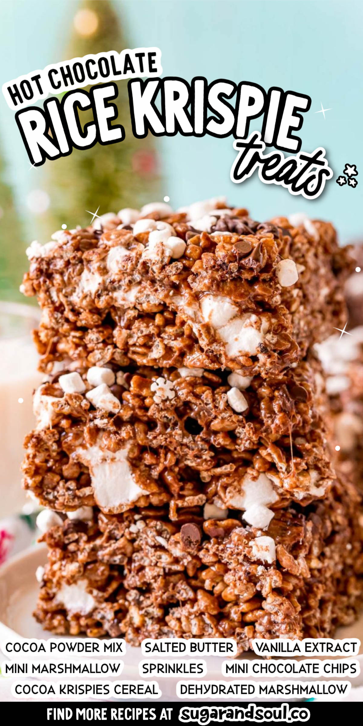 These Hot Chocolate Rice Krispie Treats are loaded with sweet marshmallows and chocolate flavor! It's a super fun twist on a classic dessert and they even have hot cocoa mix in them! via @sugarandsoulco