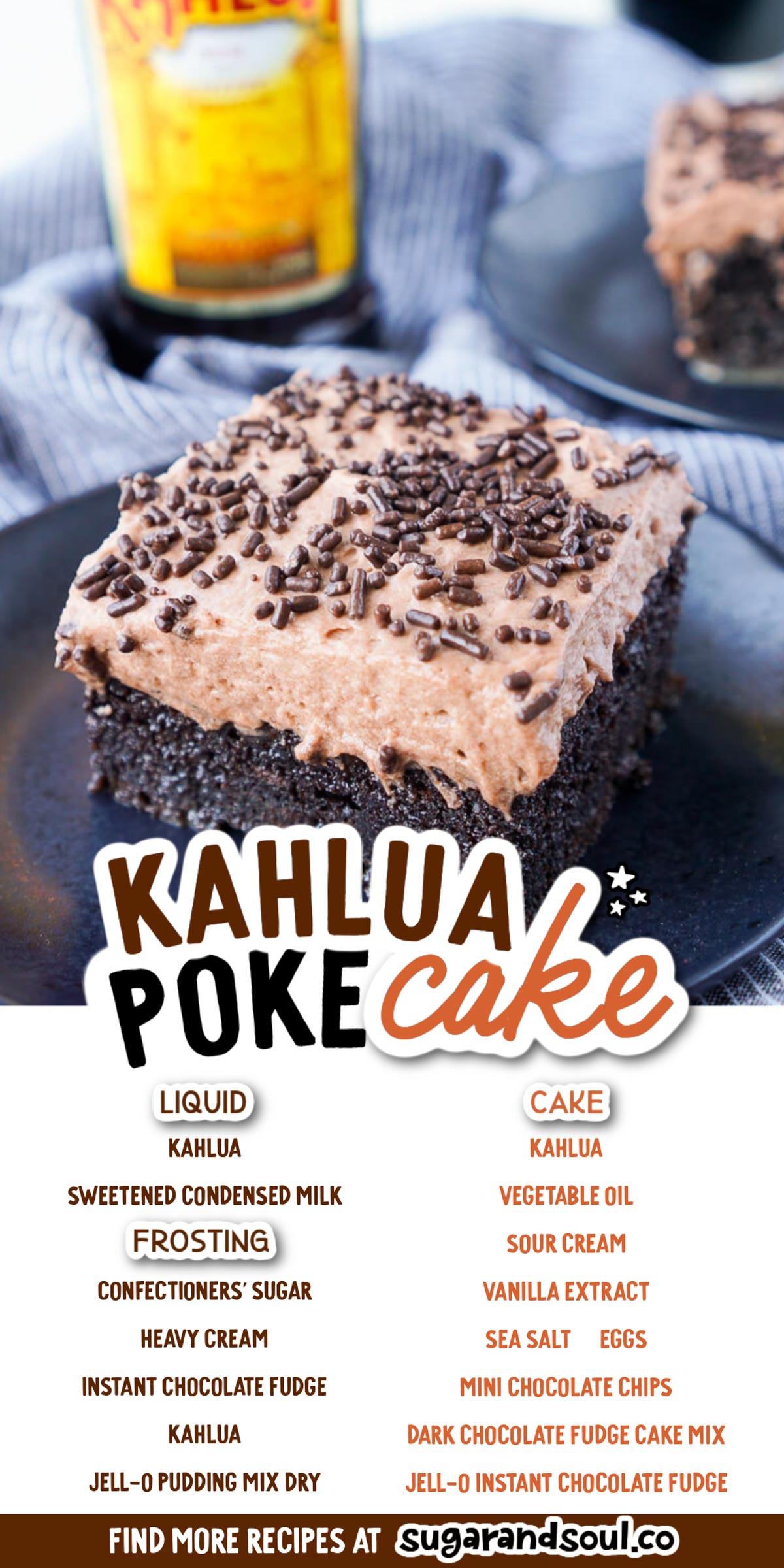 This Kahlua Chocolate Poke Cake is a chocolate cake that's baked in, soaked in, and frosted with Kahlua. It's the ultimate boozy dessert! via @sugarandsoulco