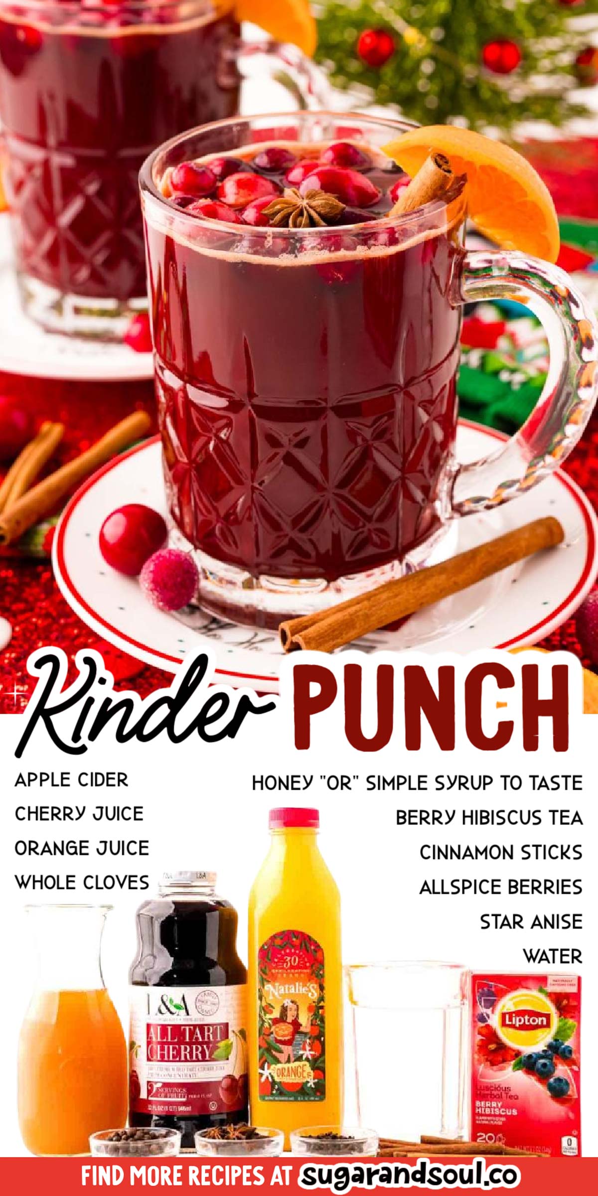 Kinder Punch is made with mulling spices and hibiscus tea bags in a combination of fruit juices, apple cider, and water for a warm spiced punch! Prep this family-friendly beverage in just 5 minutes! via @sugarandsoulco