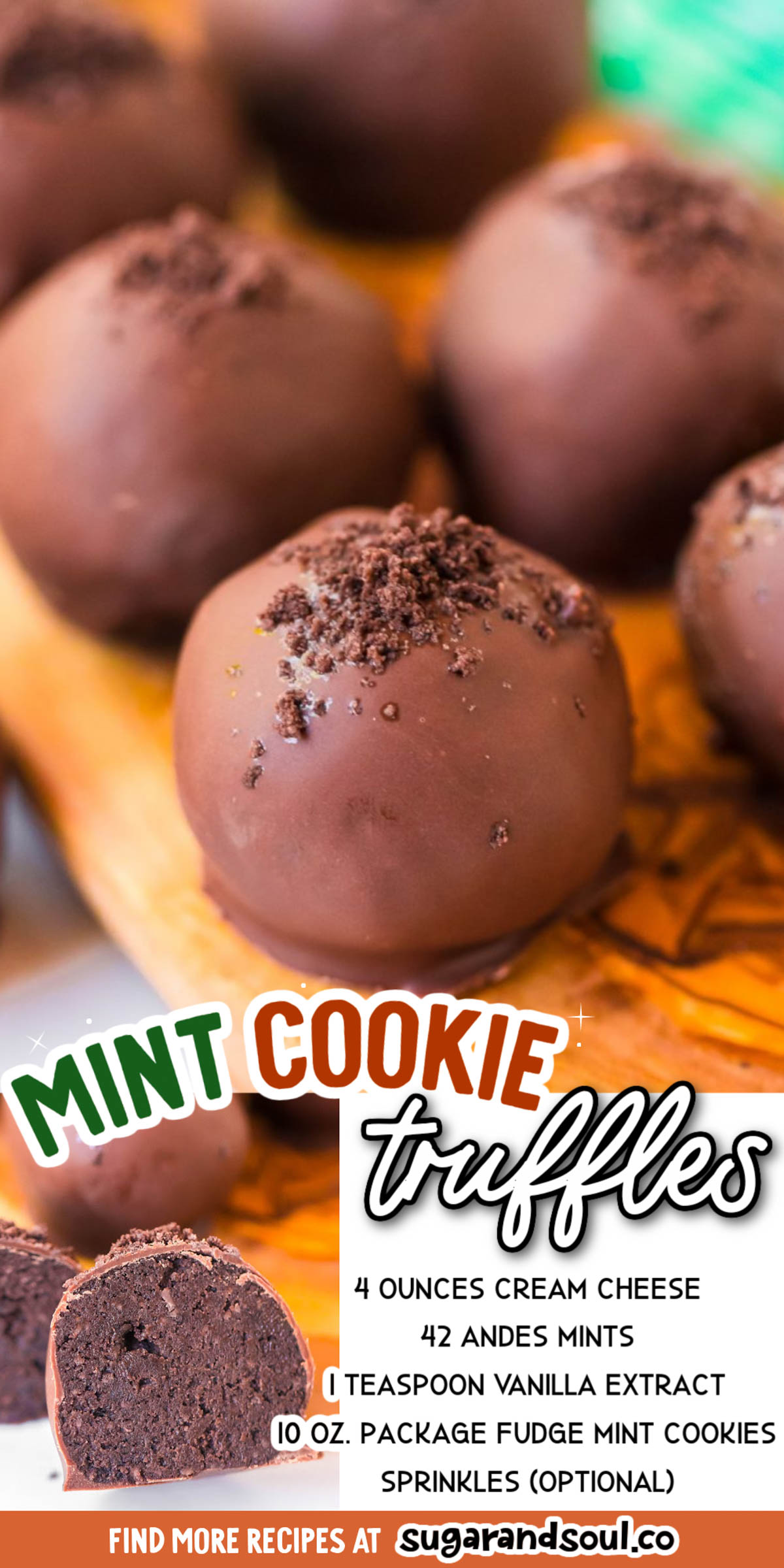 Mint Cookie Truffles are the perfect 4-ingredient treat! A blend of thin mint cookies and cream cheese makes a delicious filling that's coated in melted Andes Mint candies! via @sugarandsoulco