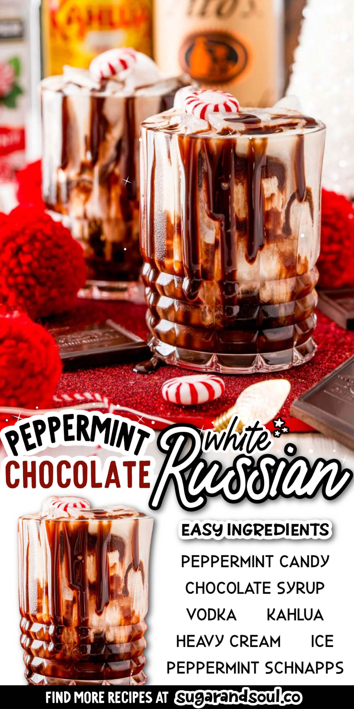 With a mixture of chocolate, cream, and liquor this Peppermint Chocolate White Russian is the perfect cocktail recipe to sip on during your next holiday gathering. Super easy to whip up and absolutely delicious. via @sugarandsoulco