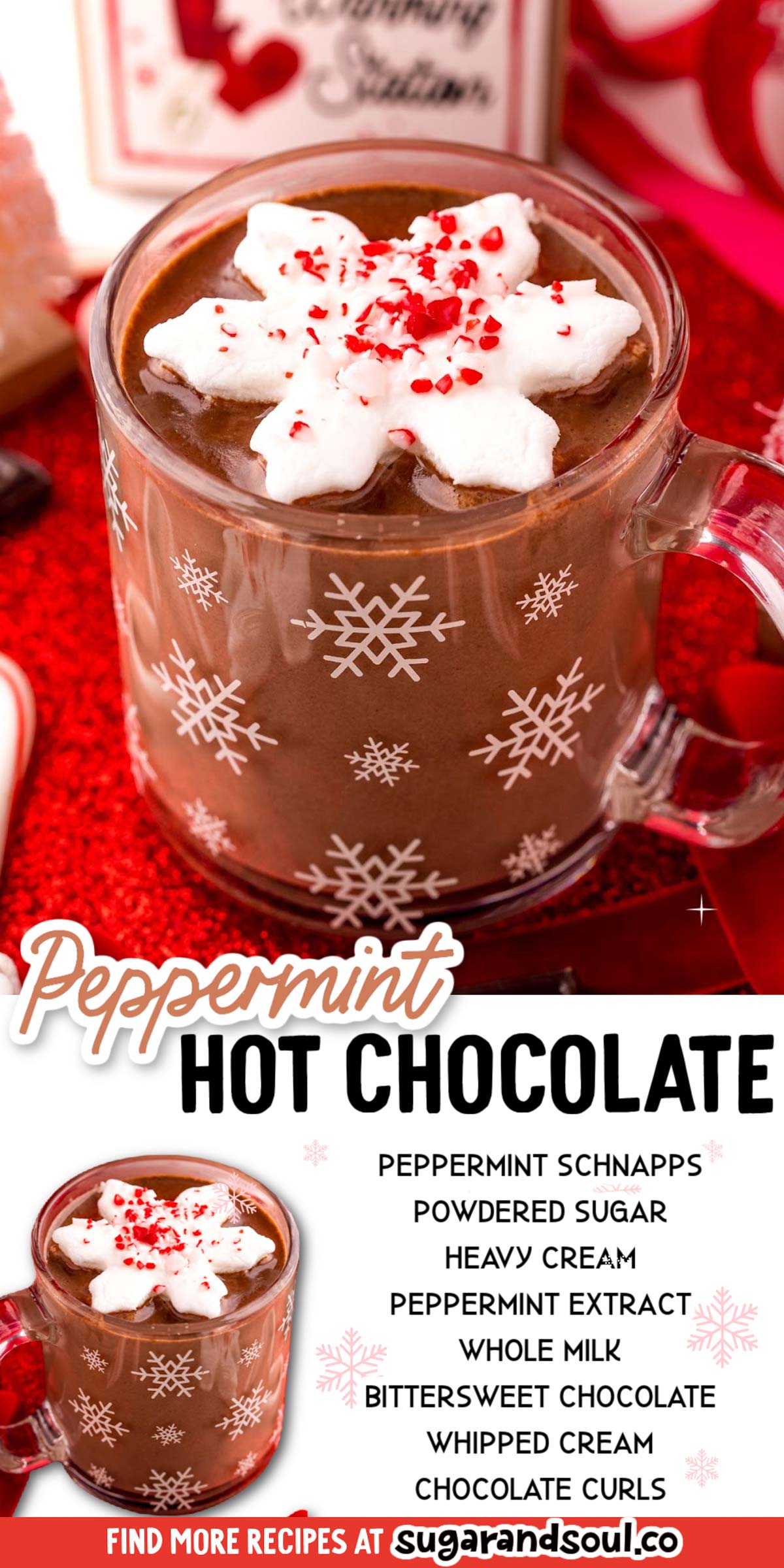 Peppermint Hot Chocolate cooks up in just 10 minutes using 5 ingredients to make a wonderful seasonal drink to warm up with all winter long! A great addition to all of your holiday parties!  via @sugarandsoulco