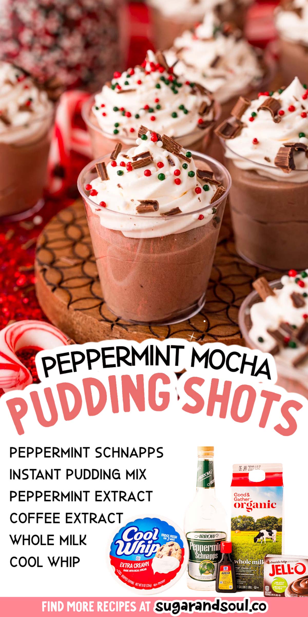 Peppermint Mocha Pudding Shots is a creamy, seasonal dessert that's made with only 6 ingredients and perfect for those adult holiday parties! Prep about two dozen shots in just 5 to 10 minutes! via @sugarandsoulco
