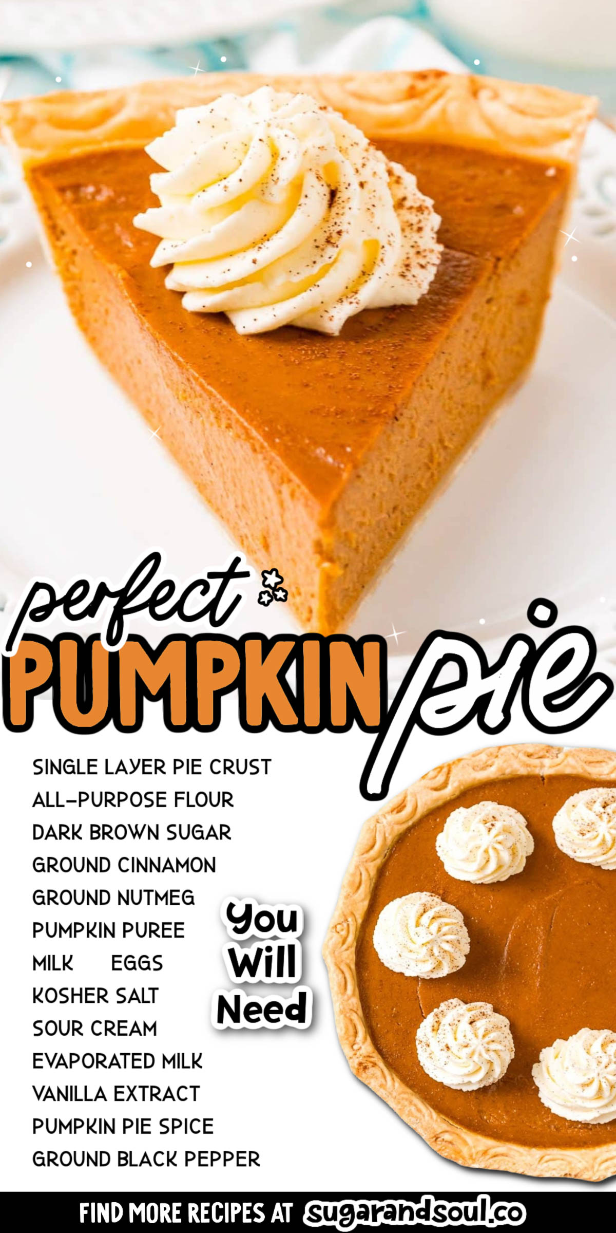 This Pumpkin Pie Recipe is perfect for fall and Thanksgiving! A smooth and creamy spiced pumpkin custard filling baked in a flaky pie crust. via @sugarandsoulco