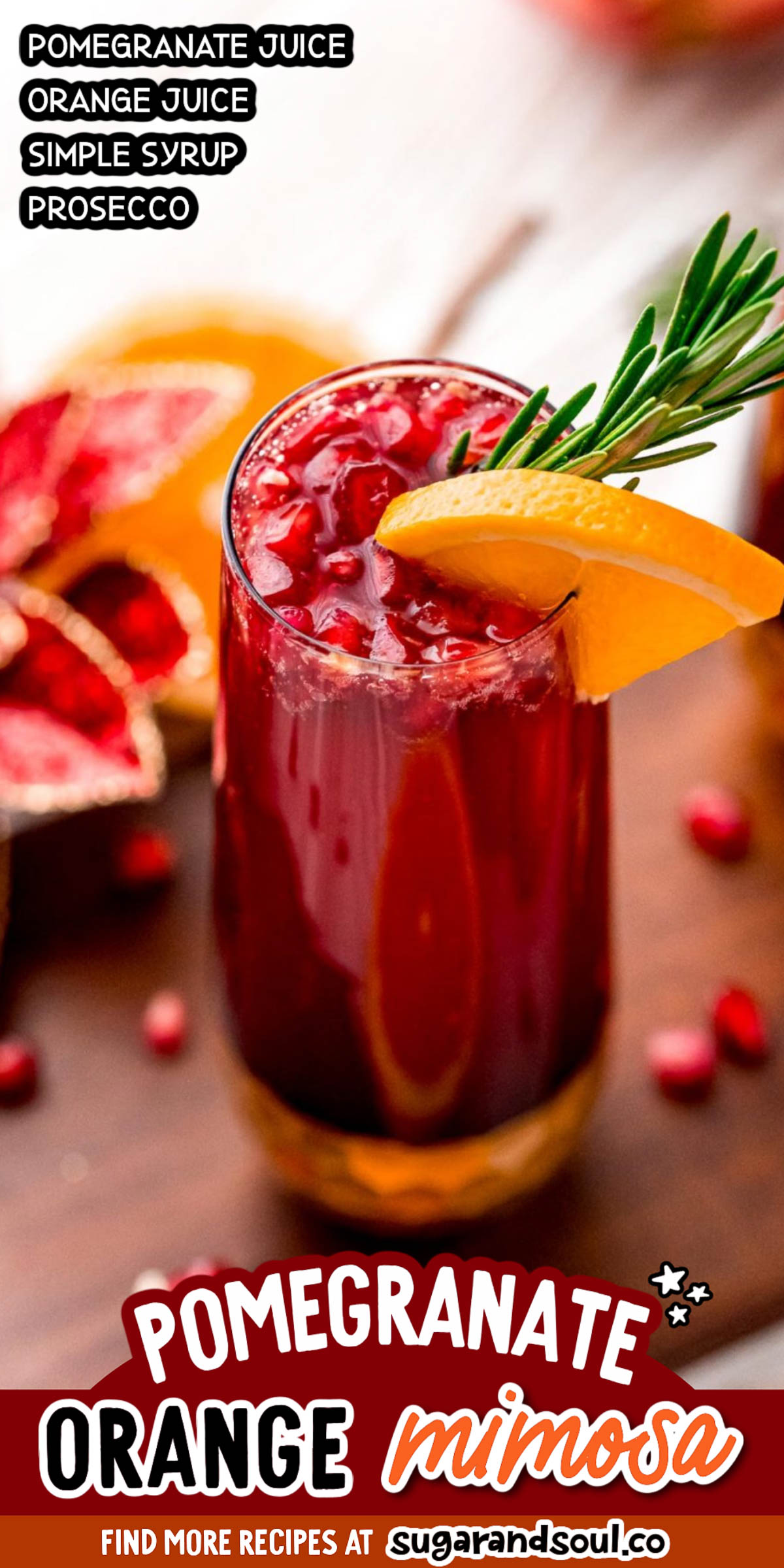 This Orange Pomegranate Mimosa is the perfect cocktail for any upcoming brunch dates. Made with Pomegranate juice, orange juice, and prosecco this is the perfect fruity drink to serve during your winter holiday get-togethers! via @sugarandsoulco