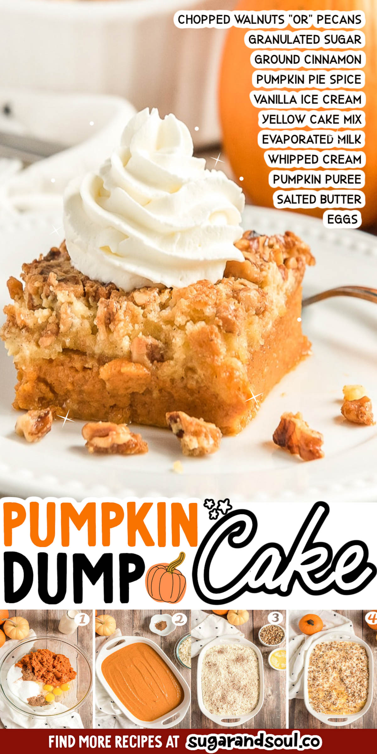 Pumpkin Dump Cake is the perfect fall dessert alternative to pumpkin pie! With a silky pumpkin base and a crumbly cake topping both loaded with Pumpkin Pie Spice and chopped nuts, this dessert's amazing layers will impress the whole family! via @sugarandsoulco
