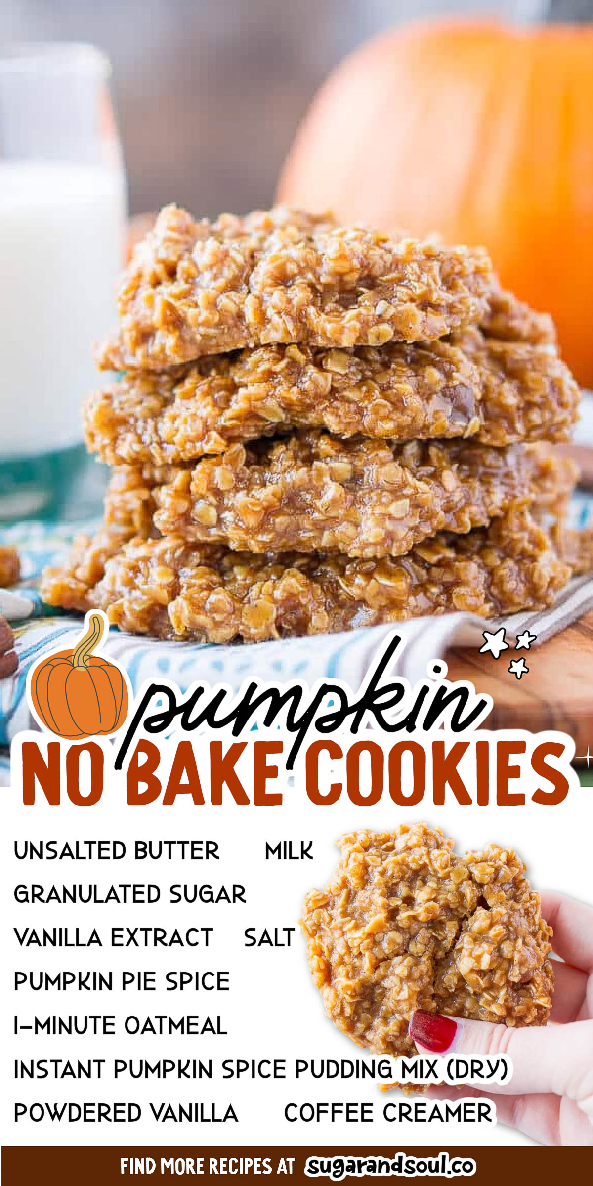 These Pumpkin No Bake Cookies are crazy delicious and so simple to make! Made with oatmeal, pumpkin spice pudding mix, sugar, butter, and more, these cookies will be a hit at home, the office, or a party!  via @sugarandsoulco