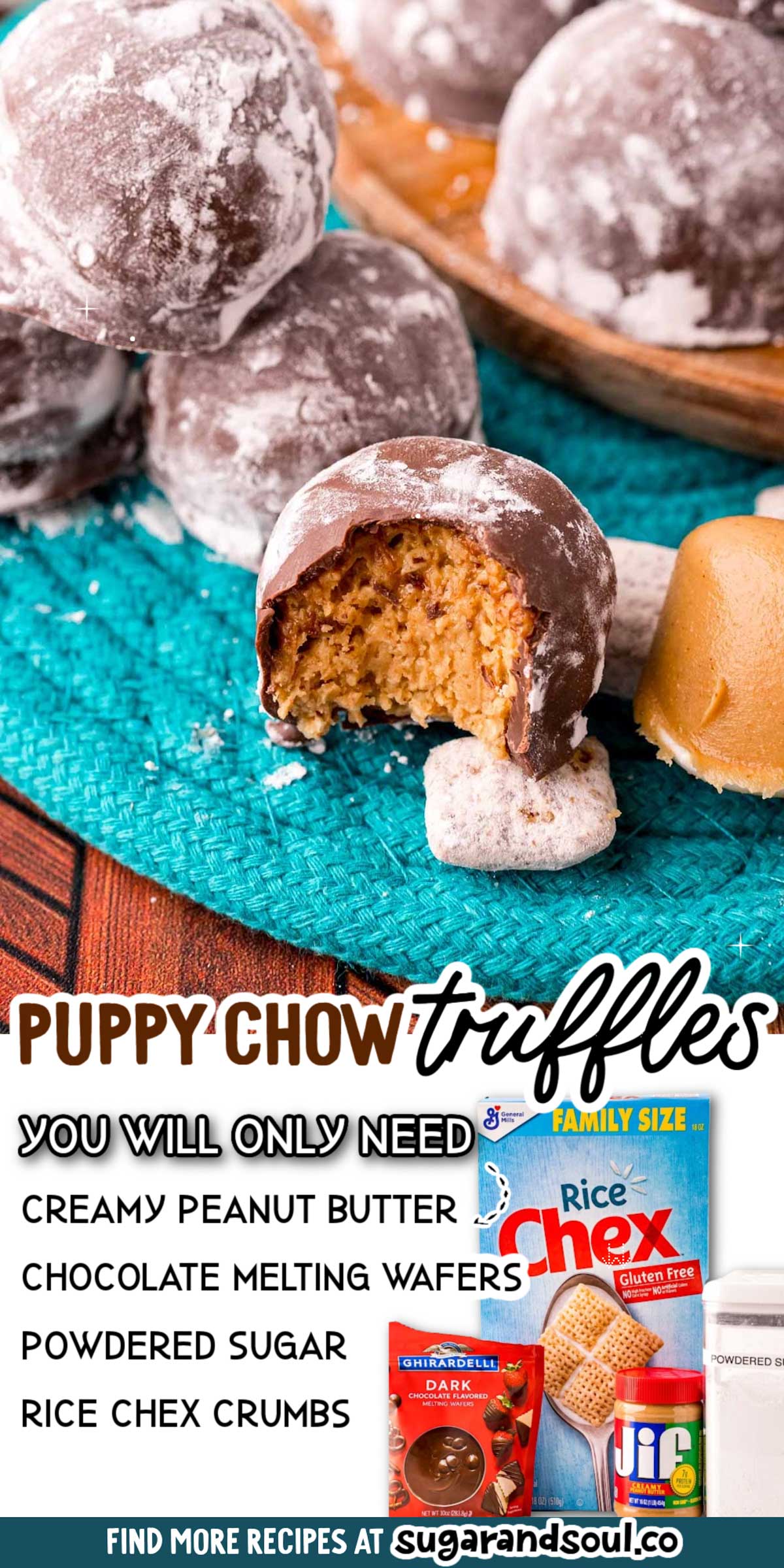 These Muddy Buddy Balls (aka Puppy Chow truffles) are everything you love about classic Puppy Chow except the ingredients are rolled up and dipped in melted chocolate! This Tiktok inspired recipe is made with just 4 ingredients and only 30 minutes of hands-on time! via @sugarandsoulco