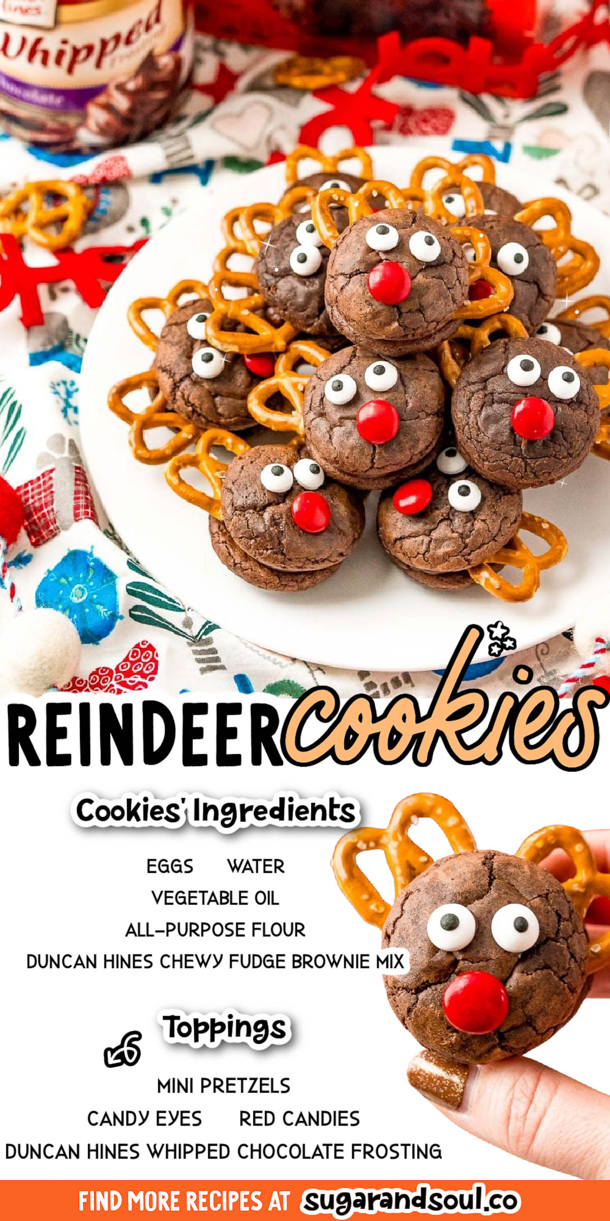 Reindeer Cookies are a festive recipe made with brownie sandwich cookies, frosting, pretzels, chocolate candies, and candy eyes! The best part about these treats is the whole family can help with the decorating! via @sugarandsoulco