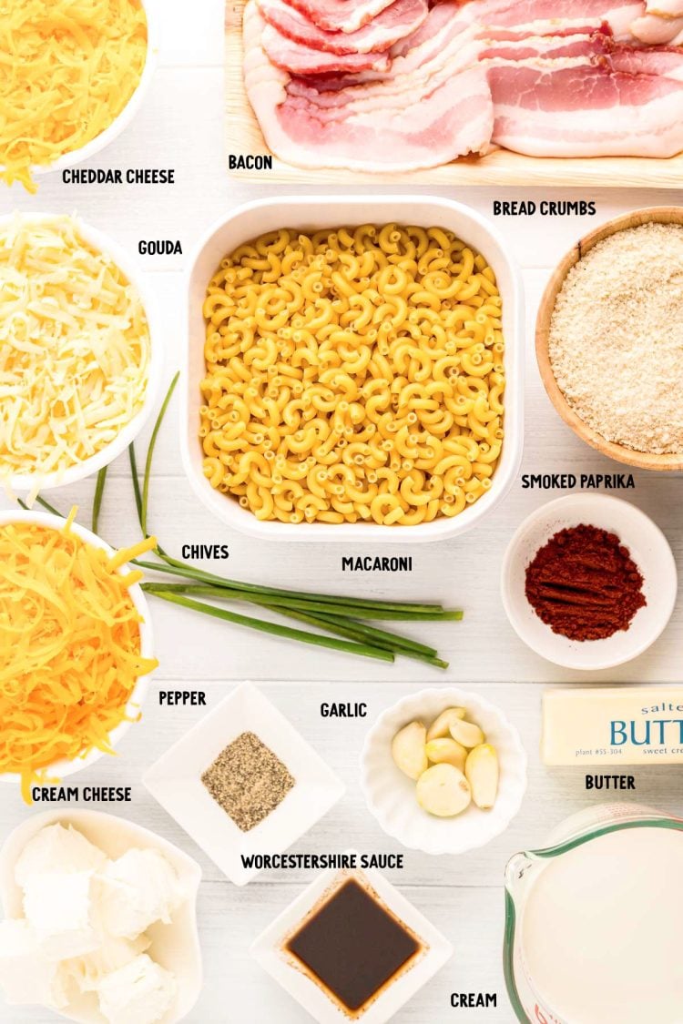 OVERHEAD PHOTO OF INGREDIENTS PREPPED ON A MARBLE COUNTER TO MAKE SMOKED MAC AND CHEESE
